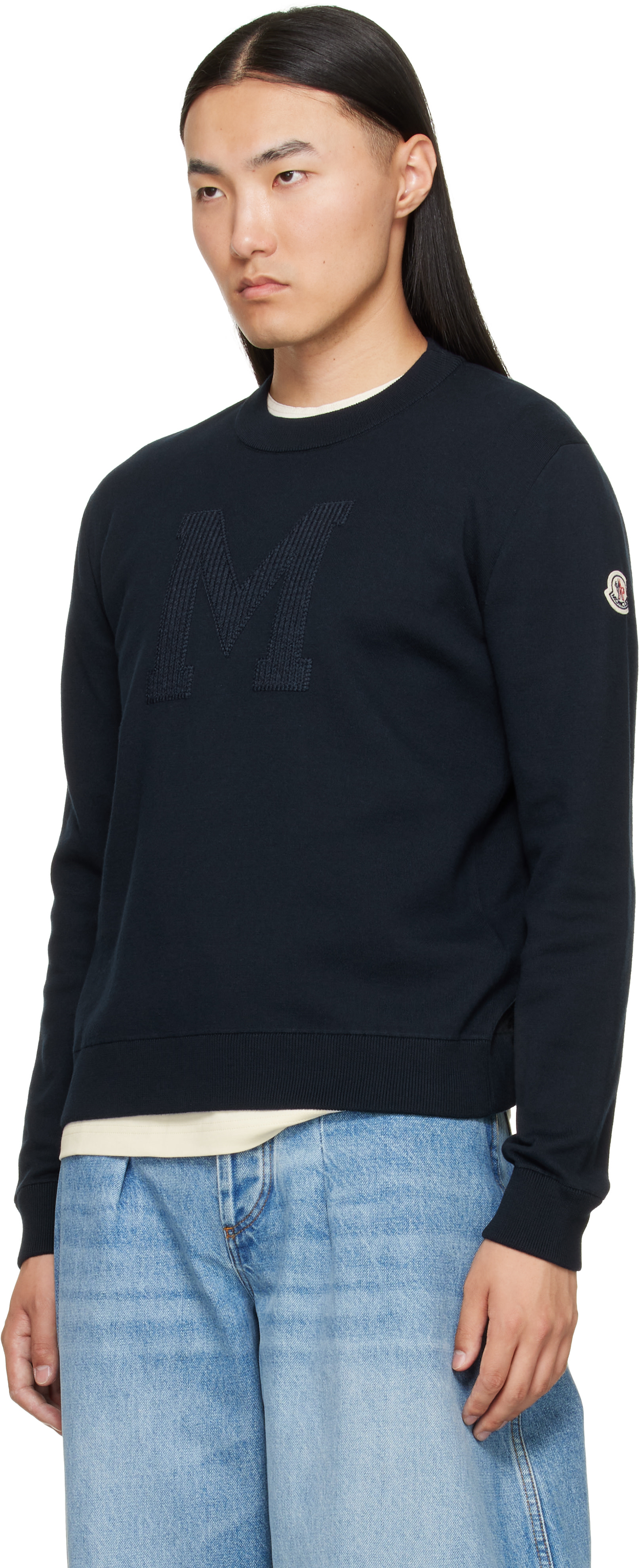 Moncler - Pull bleu marine en coton mélangé à monogramme