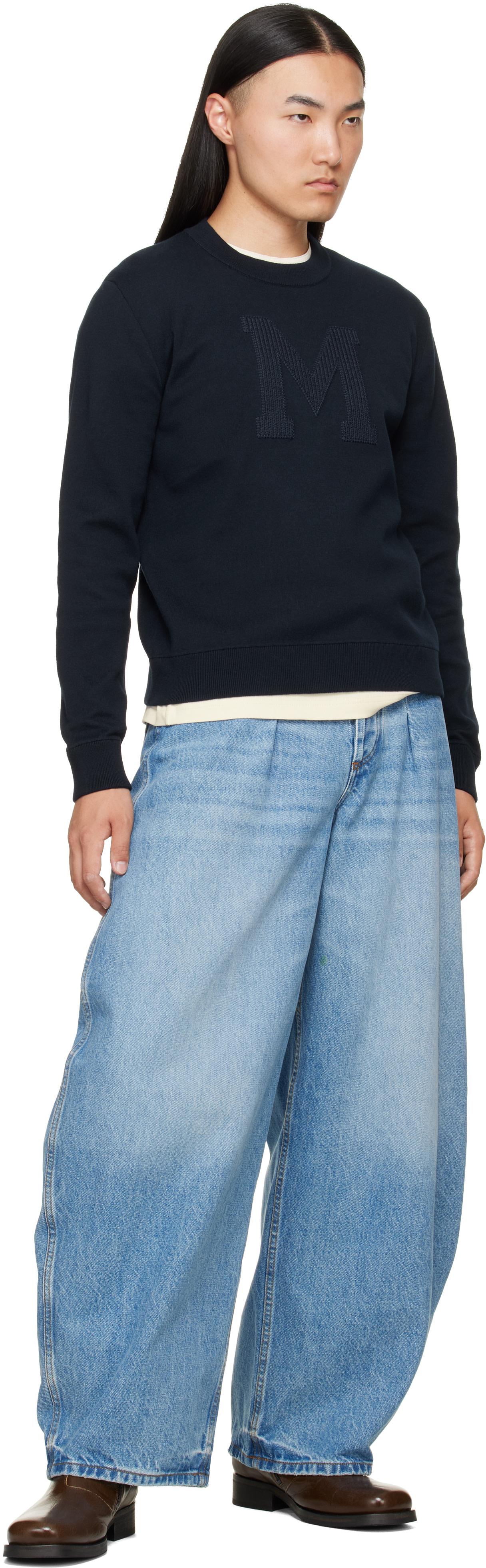 Moncler - Pull bleu marine en coton mélangé à monogramme