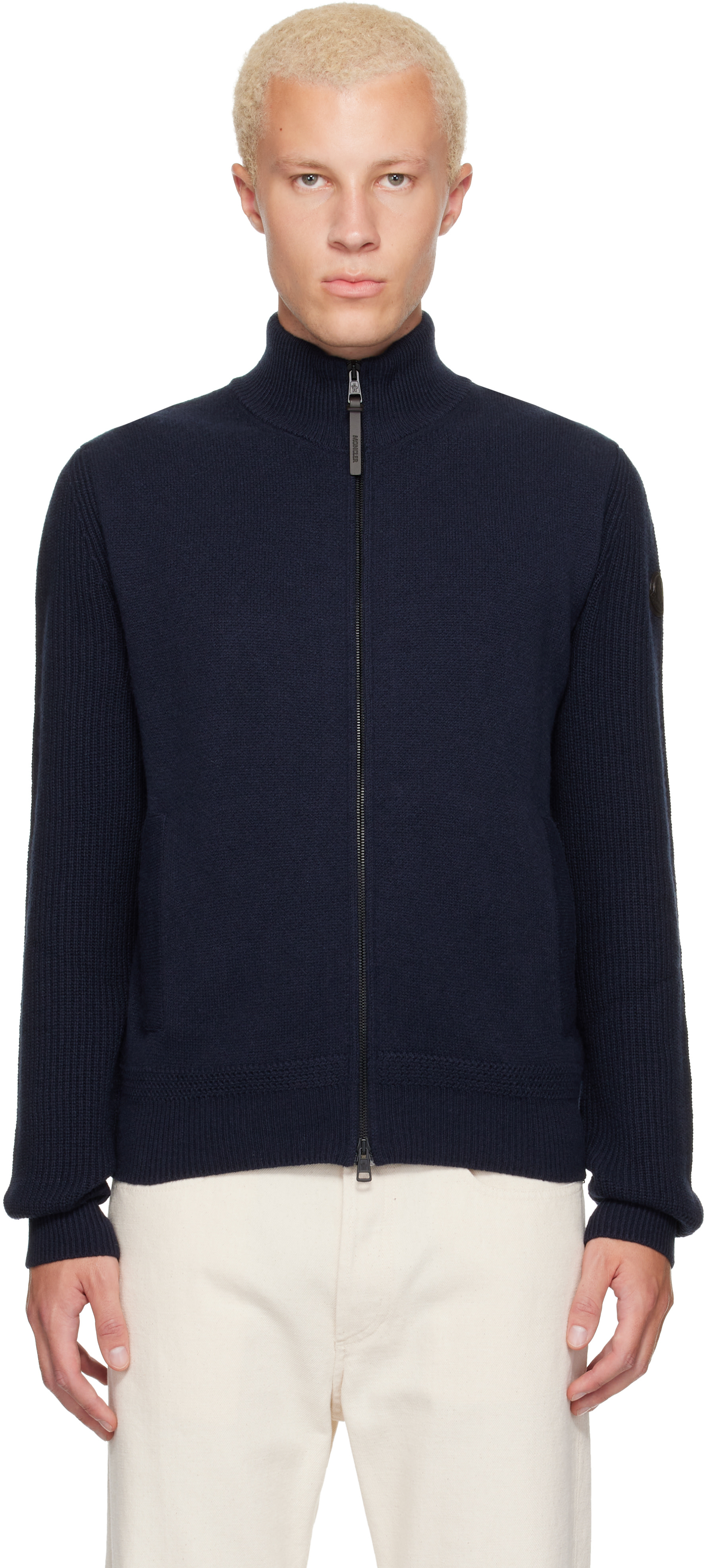 Moncler: Navy Wool & Cashmere Zip-Up Sweater | SSENSE