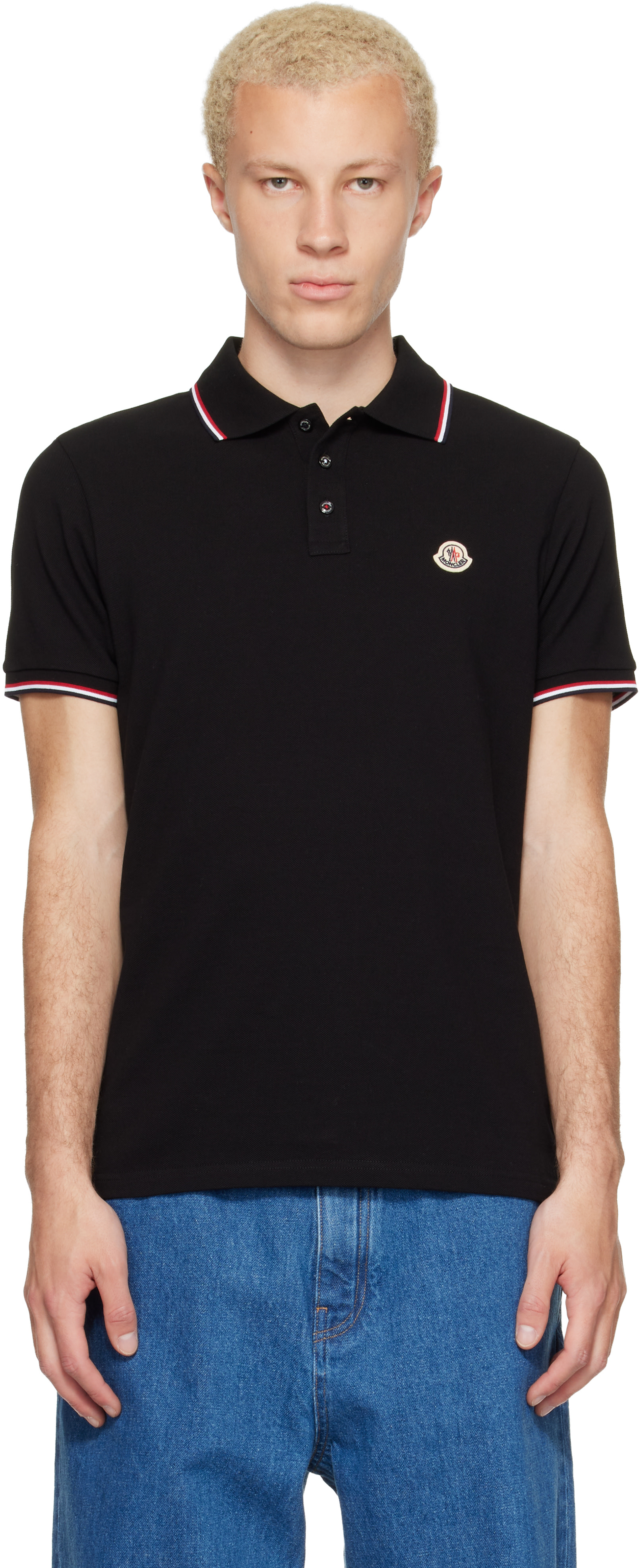 Moncler: Black Tricolor-Trimmed Cotton Piquet Polo | SSENSE