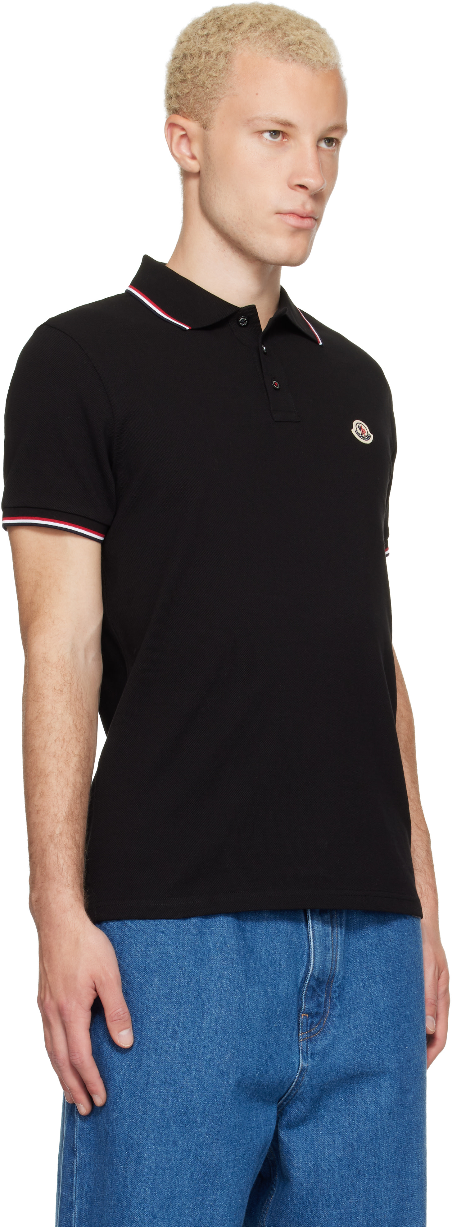 Moncler: Black Tricolor-Trimmed Cotton Piquet Polo | SSENSE