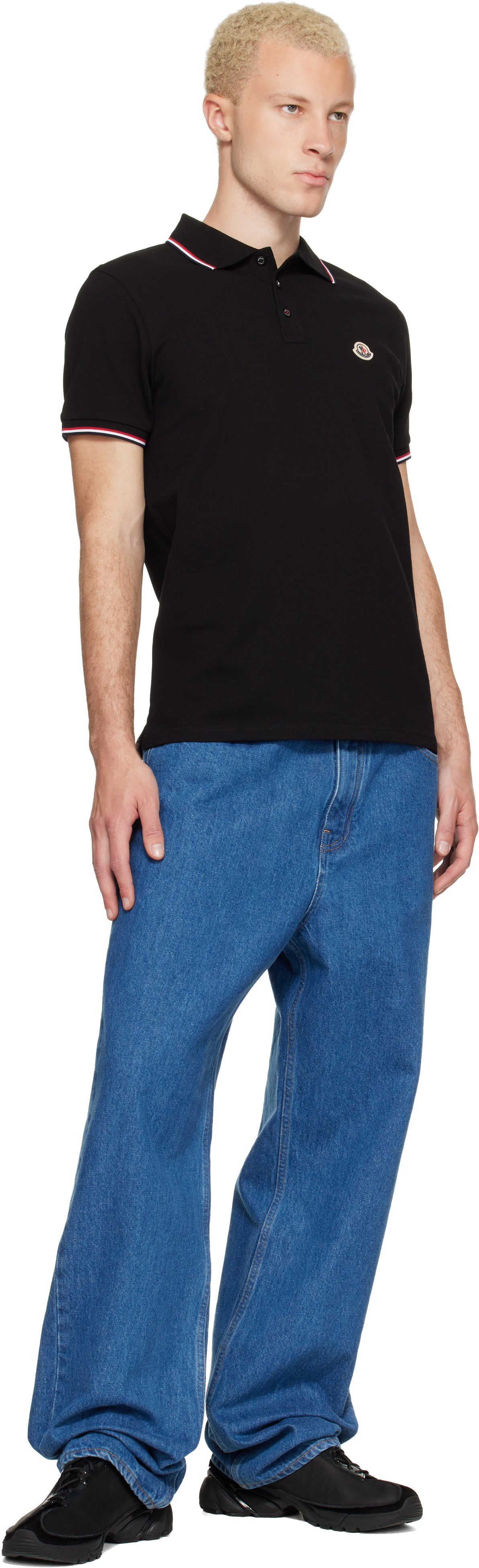 Moncler: Black Tricolor-Trimmed Cotton Piquet Polo | SSENSE