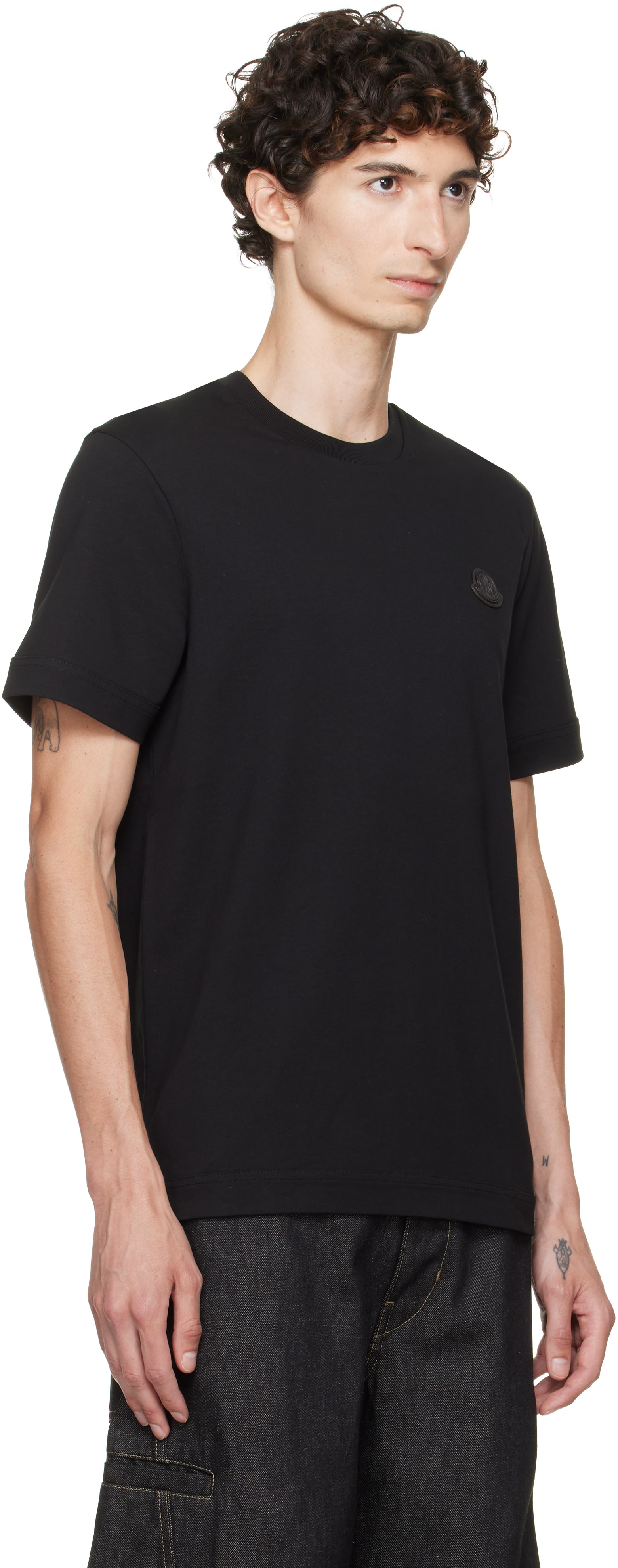 Moncler: Black Double Leather Logo Cotton T-shirt | SSENSE
