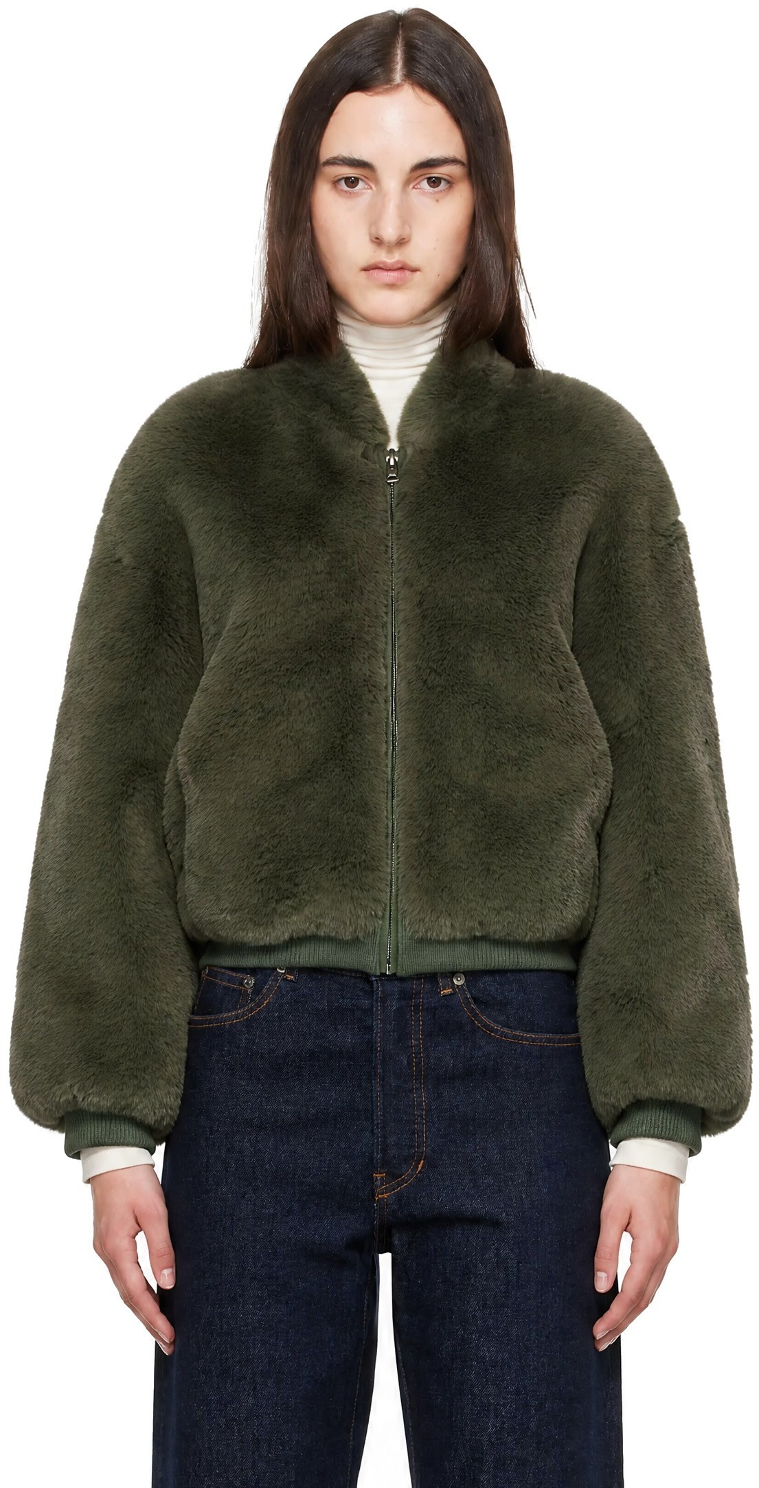 The Frankie Shop: グリーン Senna Collarless フェイクファー 