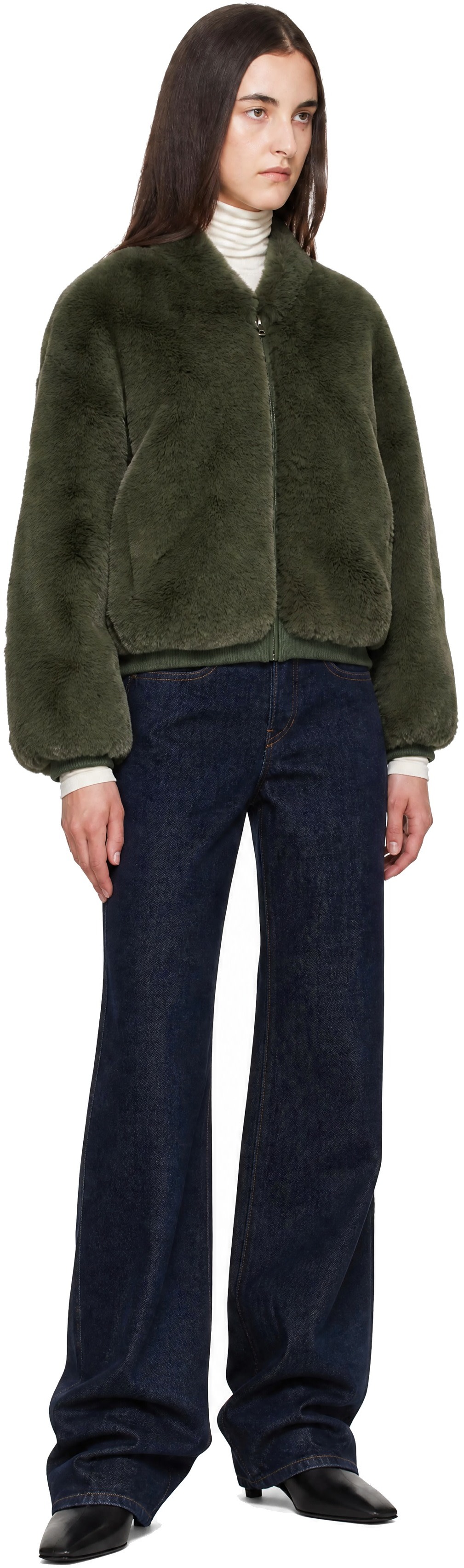 The Frankie Shop: グリーン Senna Collarless フェイクファー 