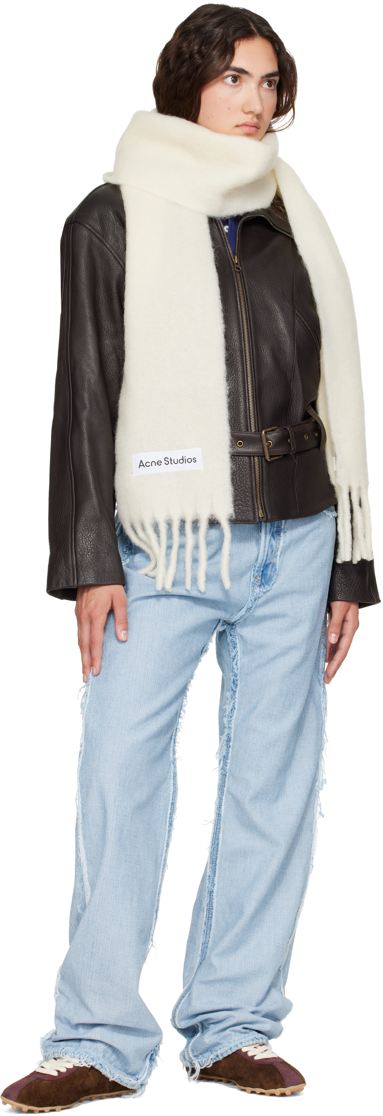 Acne Studios - Écharpe blanc cassé à franges et à logo