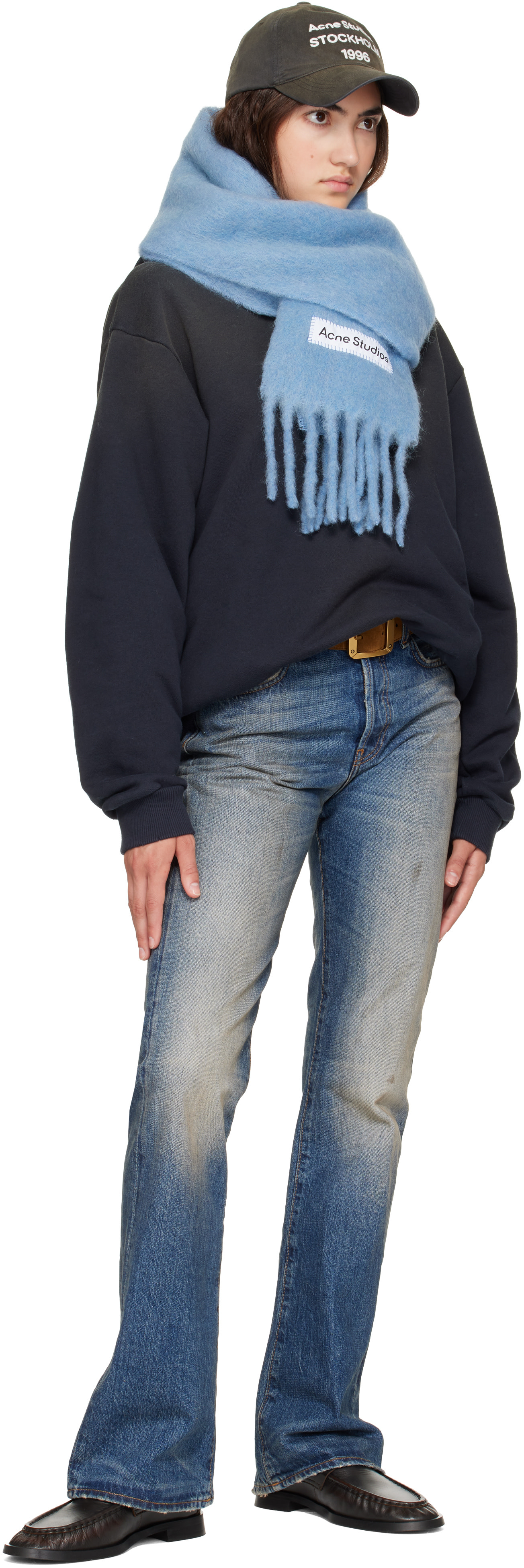 Acne Studios - Écharpe bleue à franges et à logo