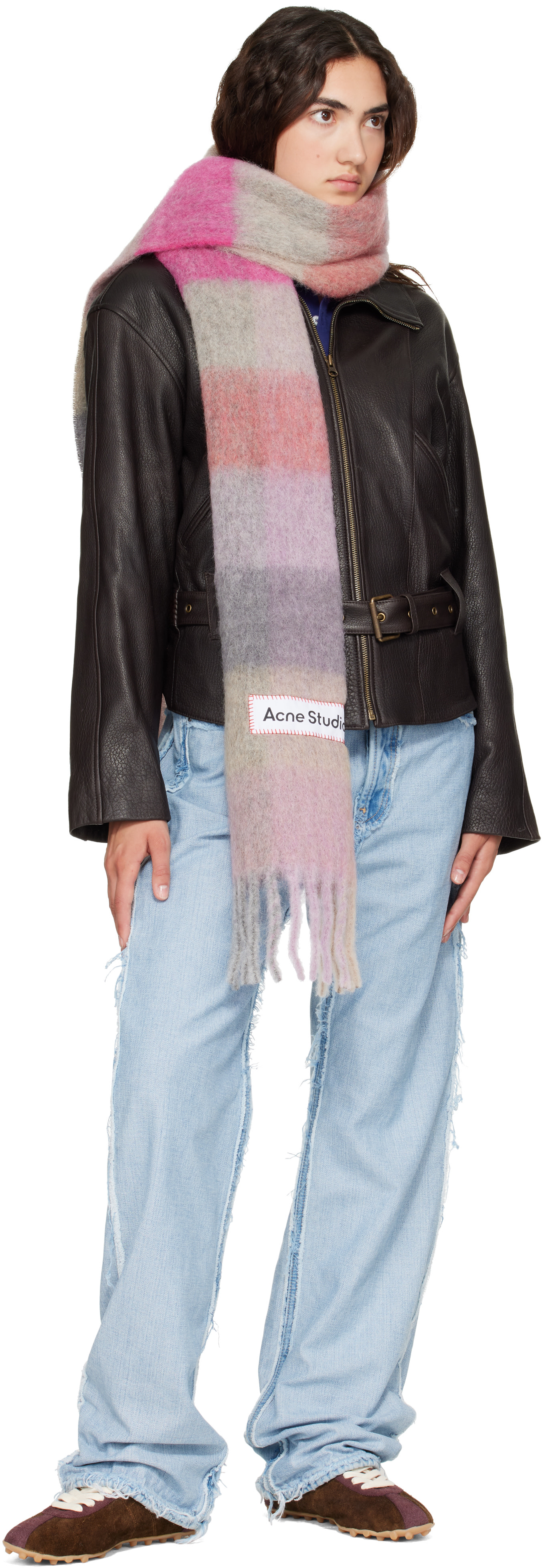 Acne Studios: ピンク＆グレー Check Wool マフラー | SSENSE 日本