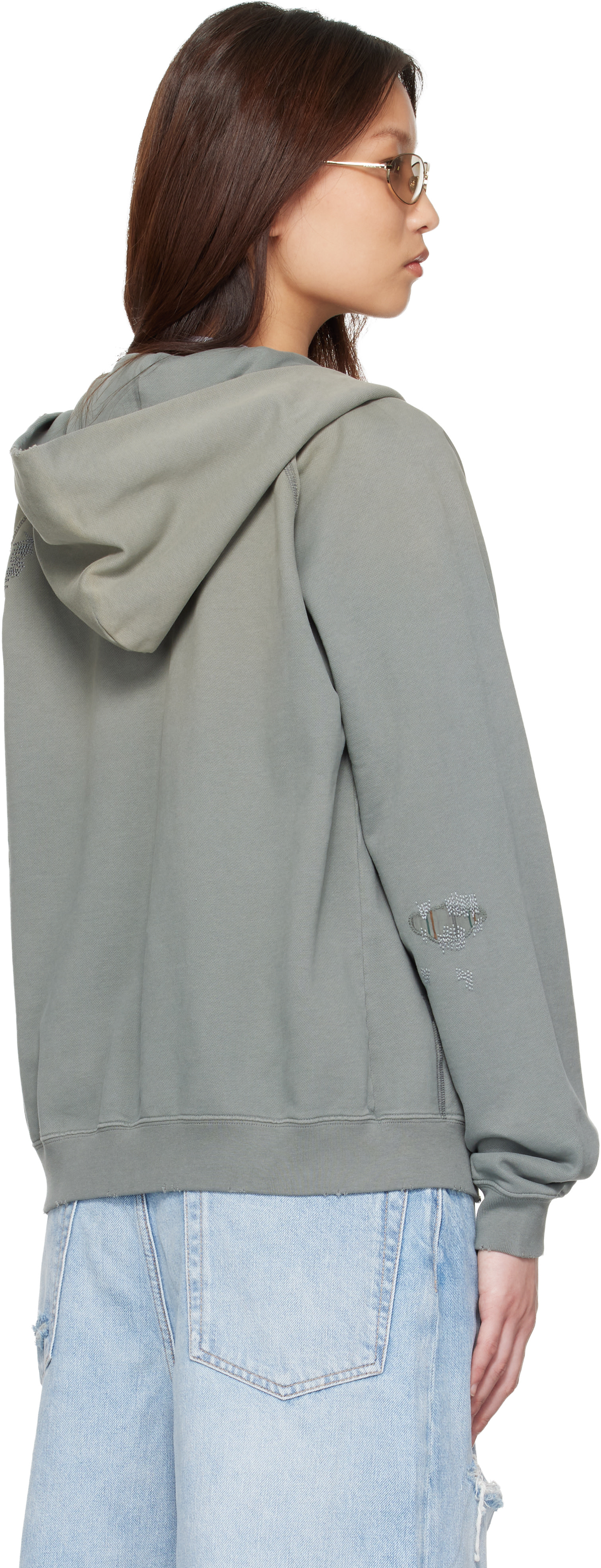 Acne Studios - Pull à capuche kaki à effet raccommodé