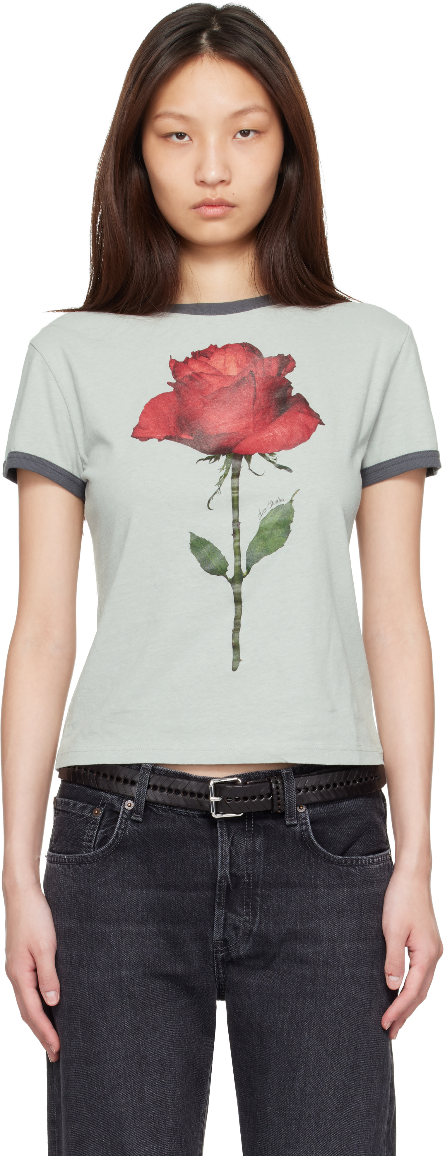 Acne Studios - T-shirt gris à image de rose