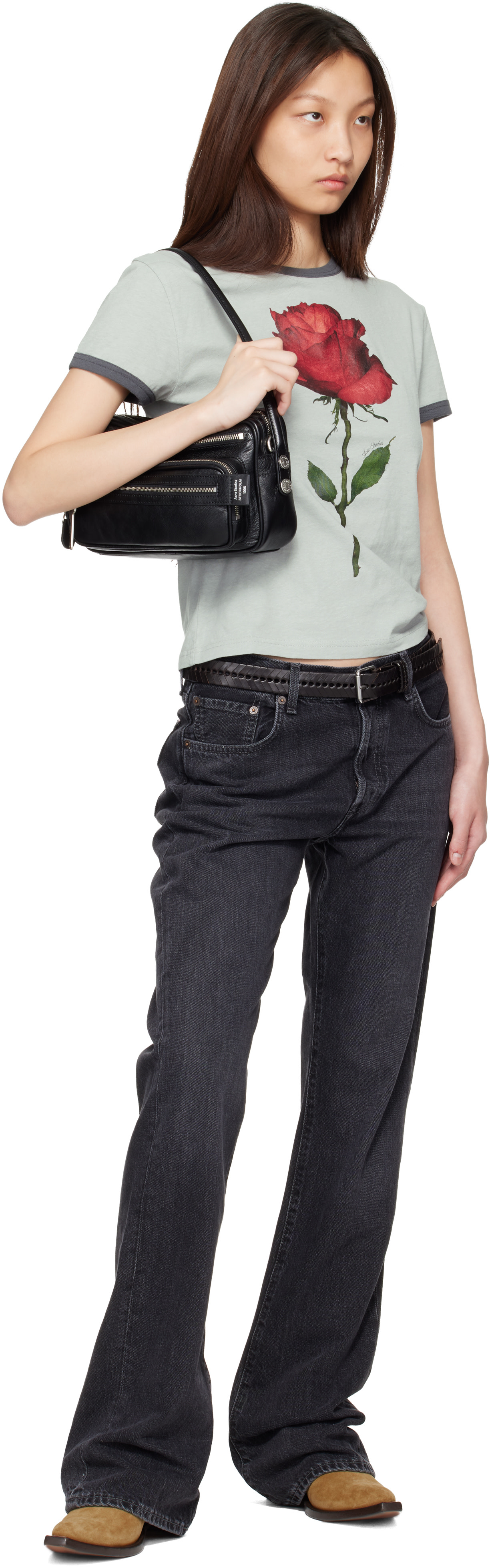 Acne Studios - T-shirt gris à image de rose