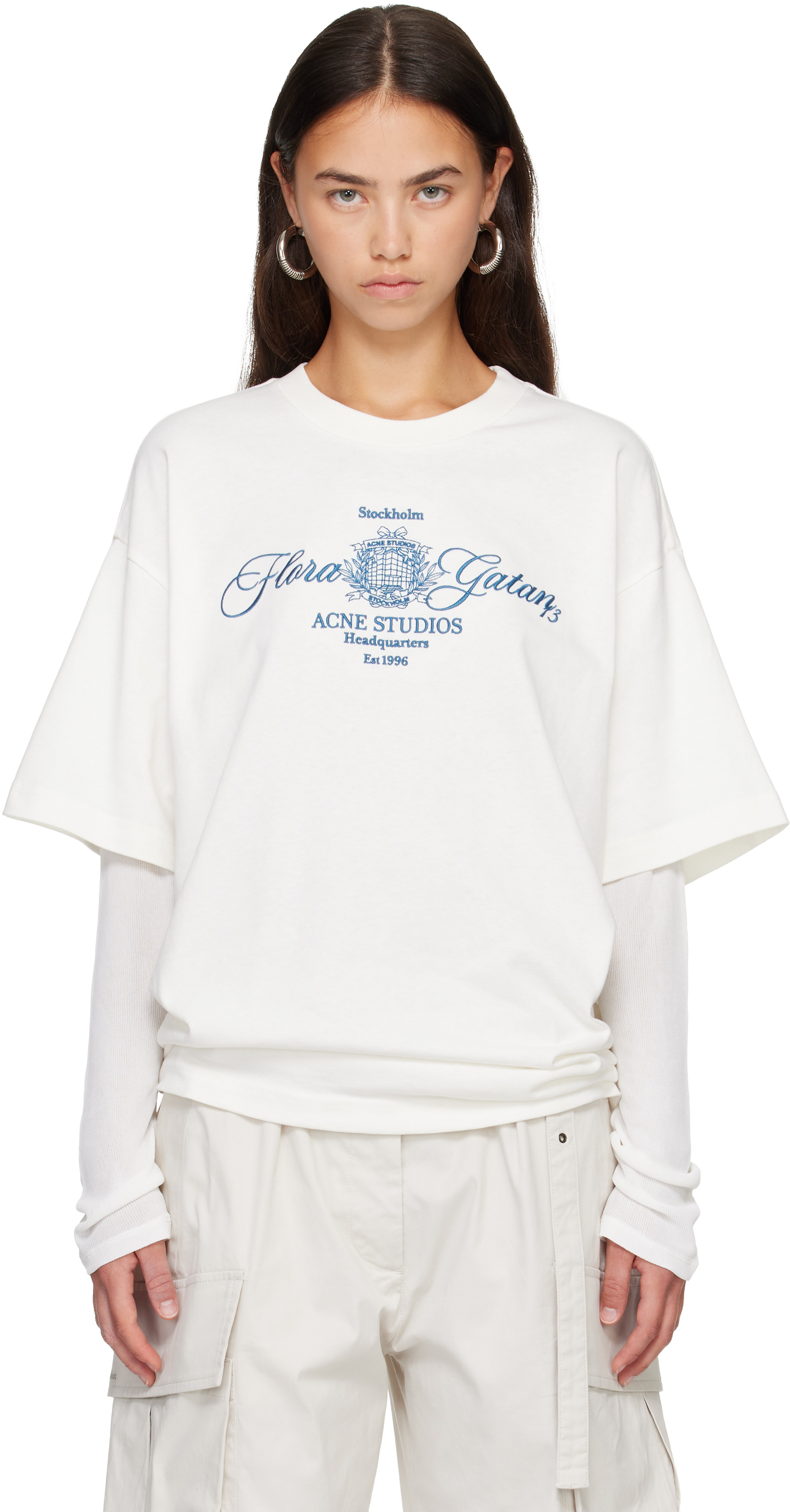 Acne Studios: Off-White Embroidered Long Sleeve T-shirt | SSENSE