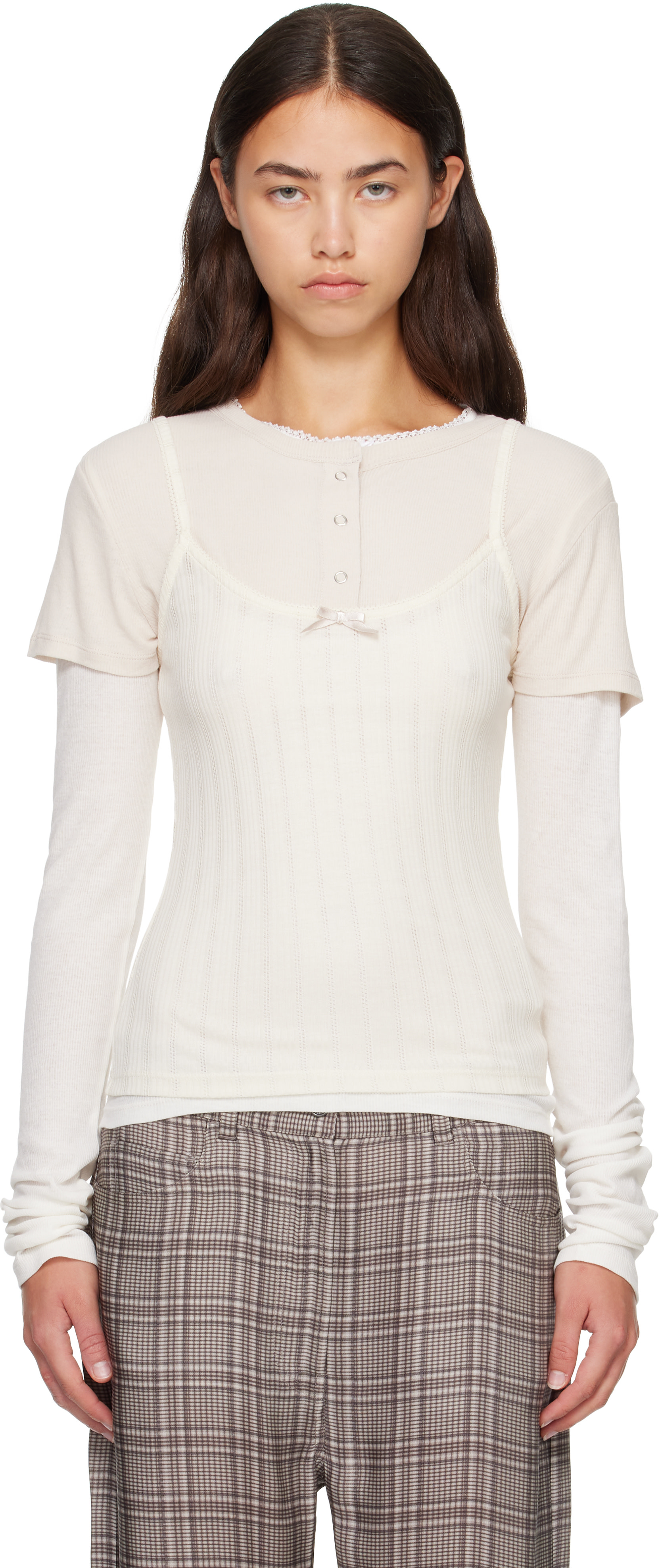 Acne Studios: ホワイト＆オフホワイト Layered Jersey Bow トップス 