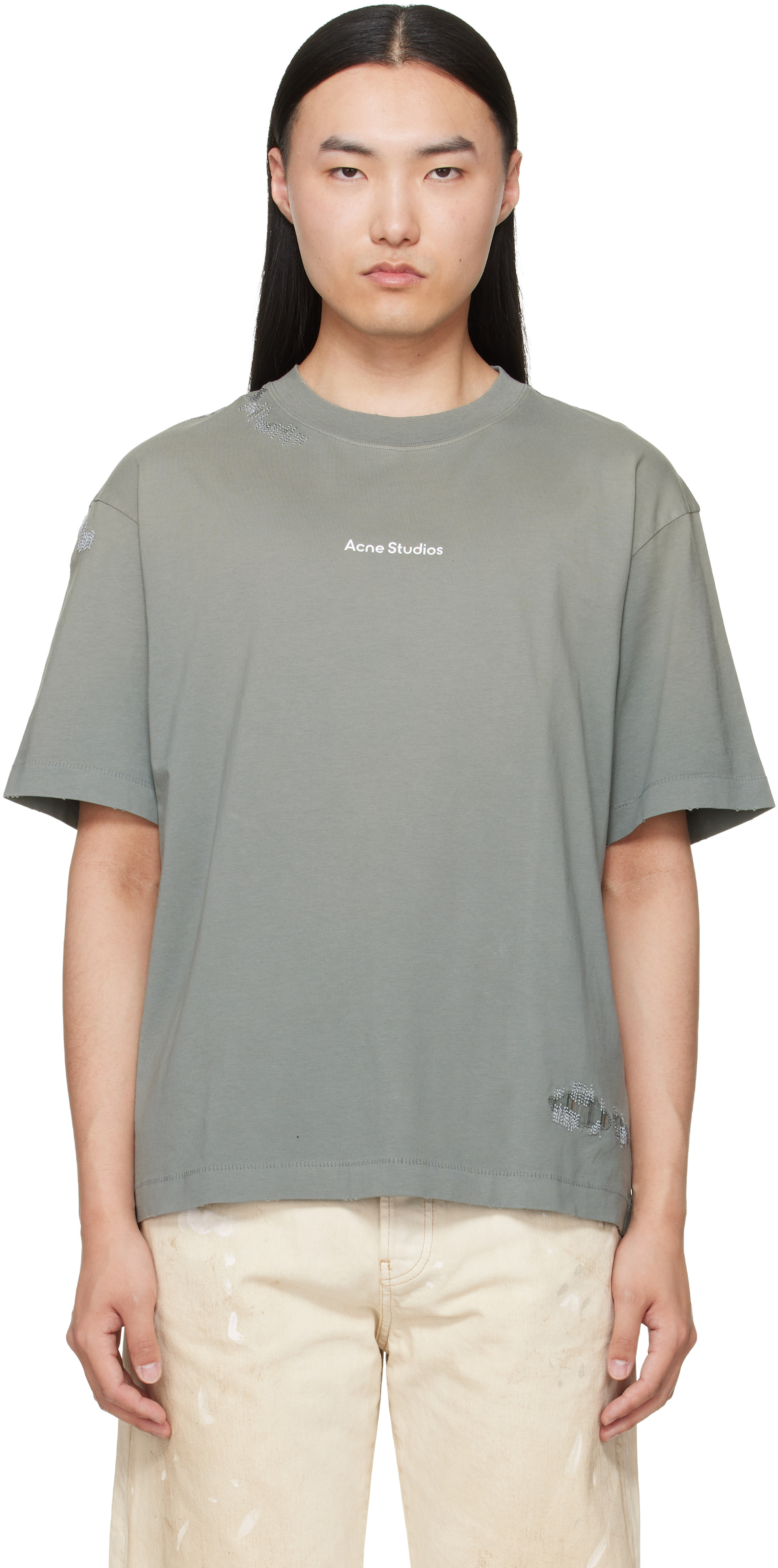 Acne Studios: Gray Mended Logo T-shirt | SSENSE