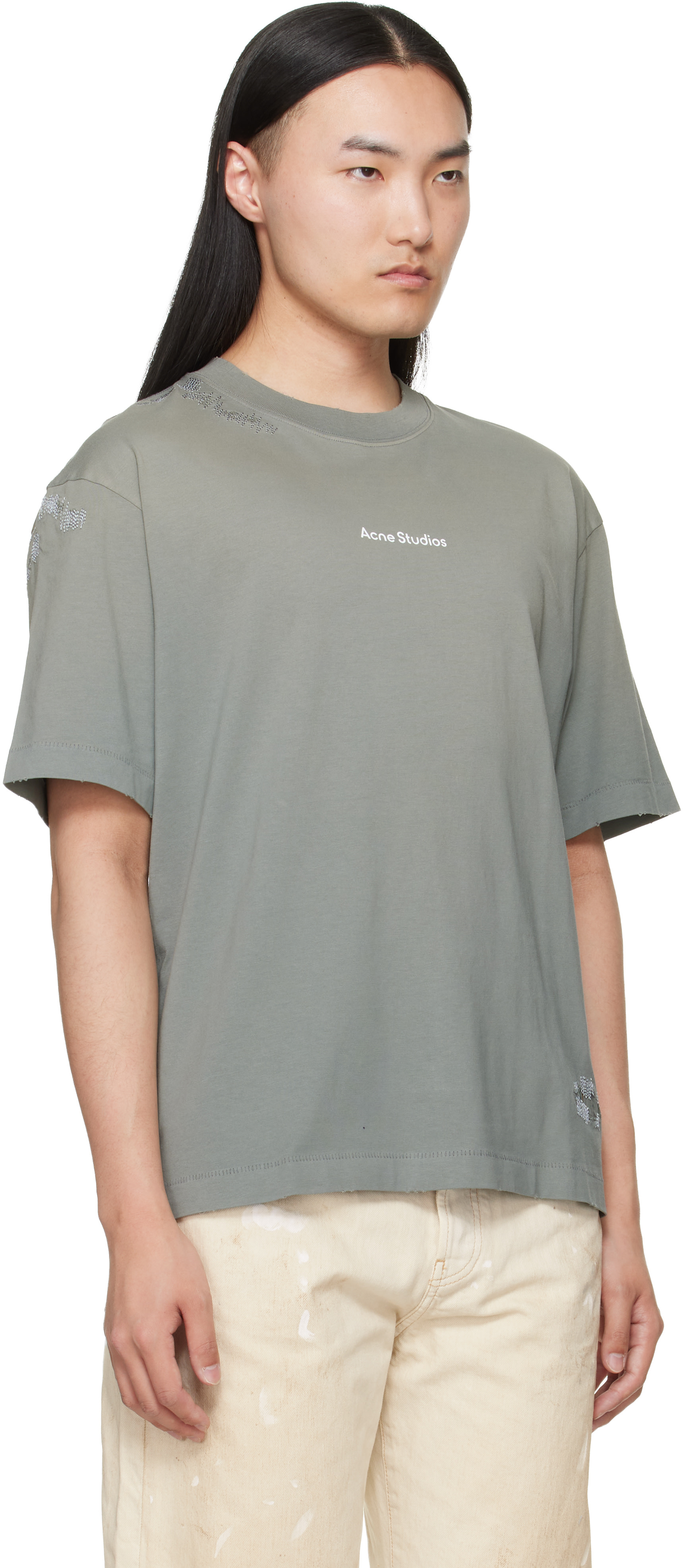 Acne Studios: Gray Mended Logo T-shirt | SSENSE