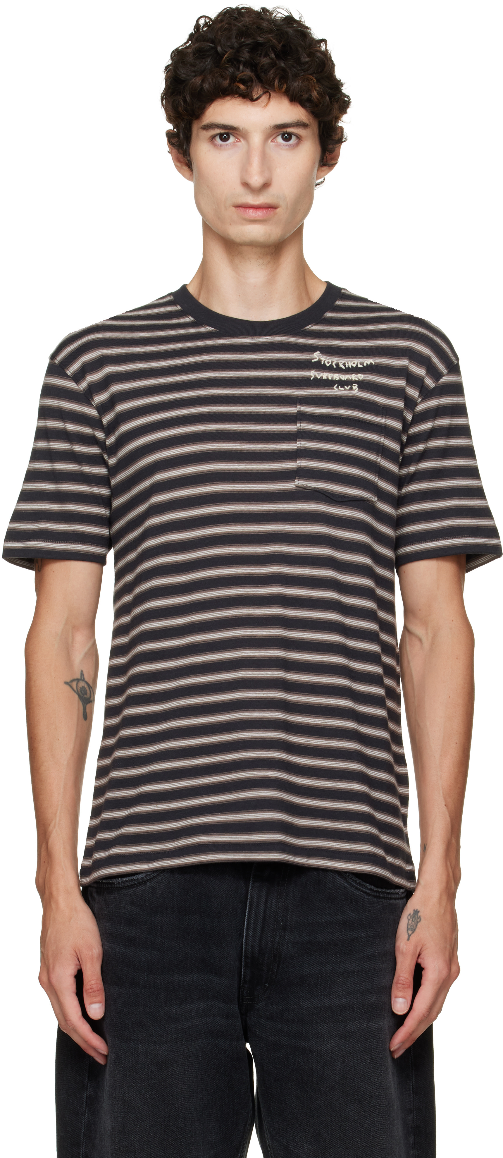 Stockholm (Surfboard) Club: Navy & Brown Striped T-shirt | SSENSE
