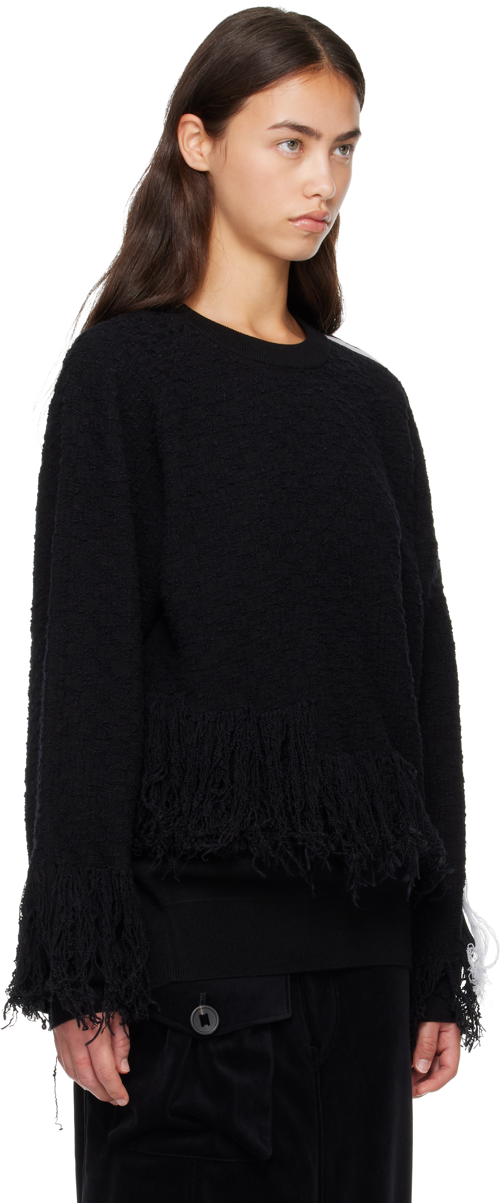 Y-3 - Pull noir en tricot à trois rayures et à franges