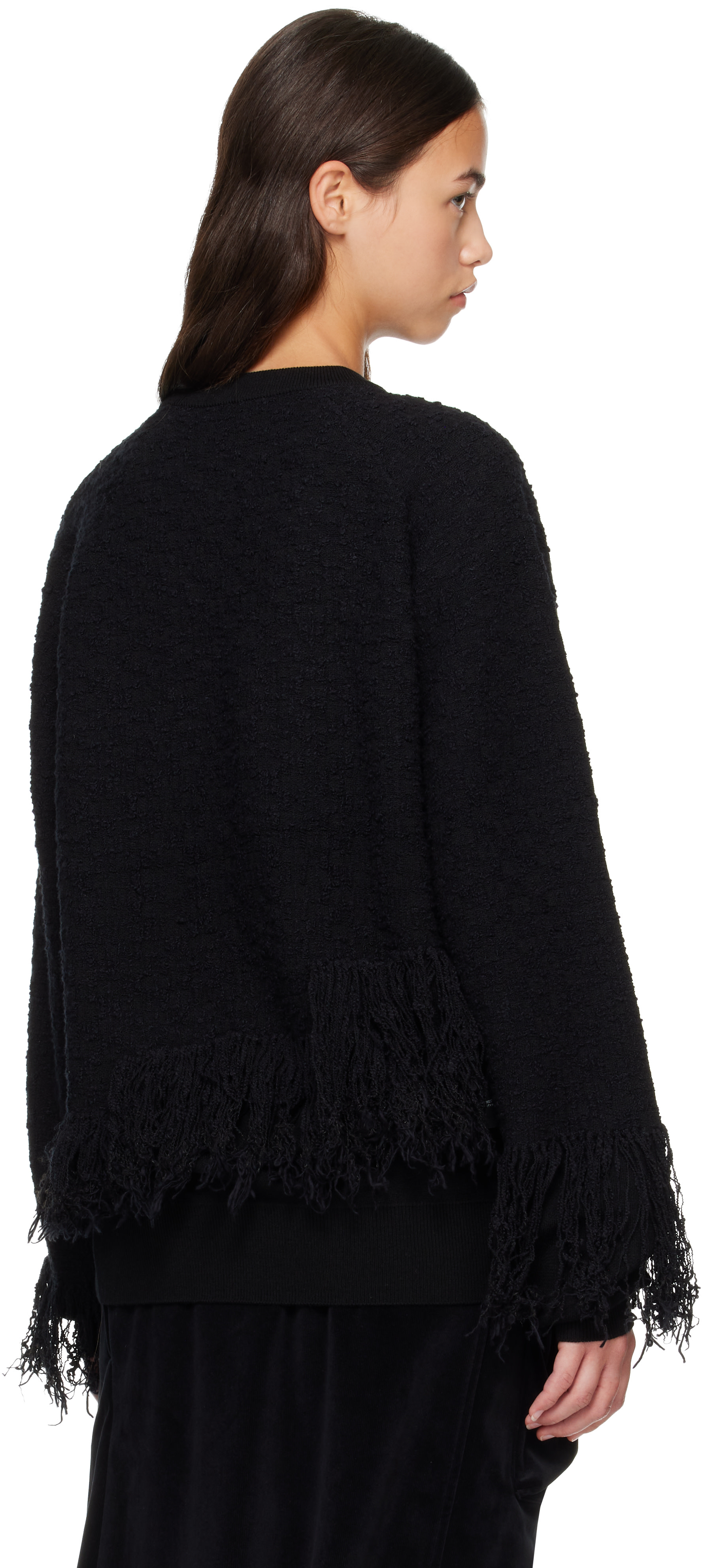 Y-3 - Pull noir en tricot à trois rayures et à franges