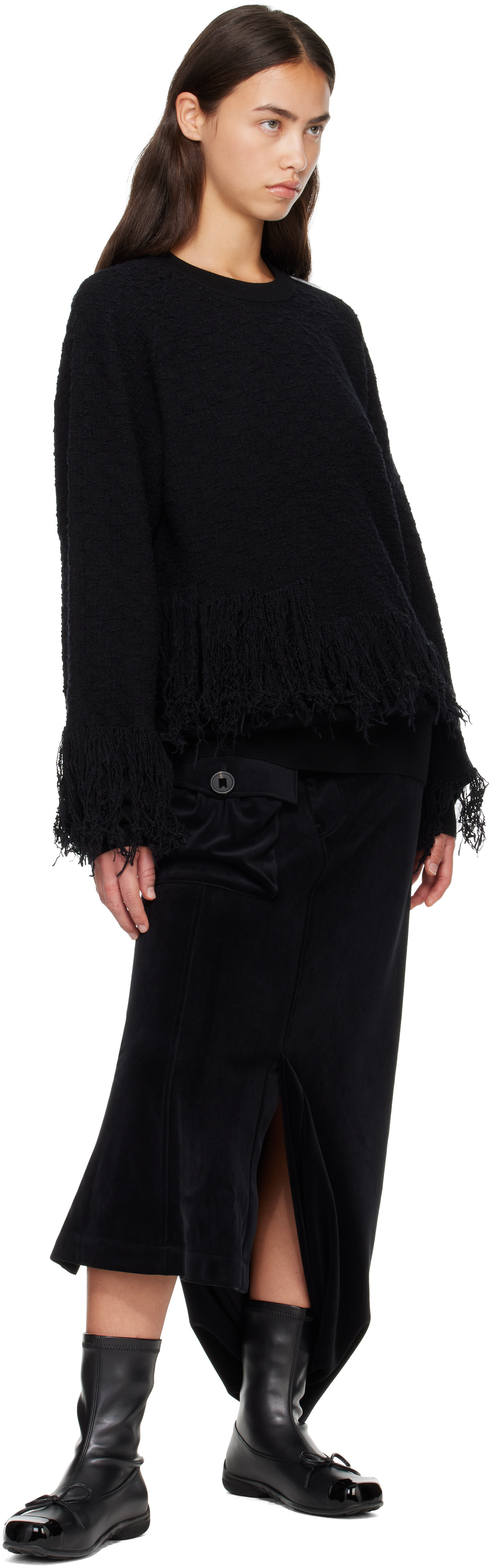 Y-3 - Pull noir en tricot à trois rayures et à franges