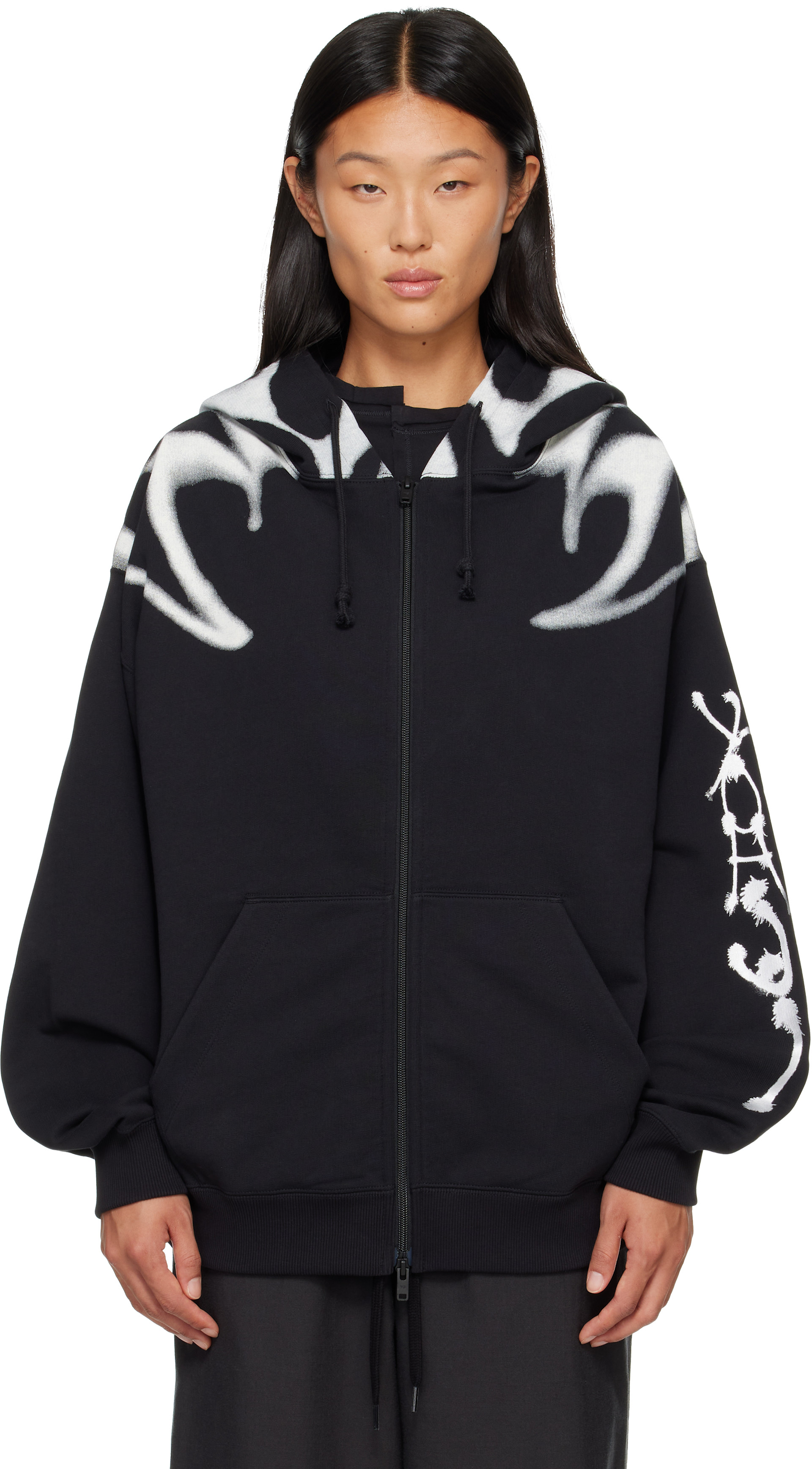 Y-3 - Pull à capuche noir à imprimés et à glissière édition Chito