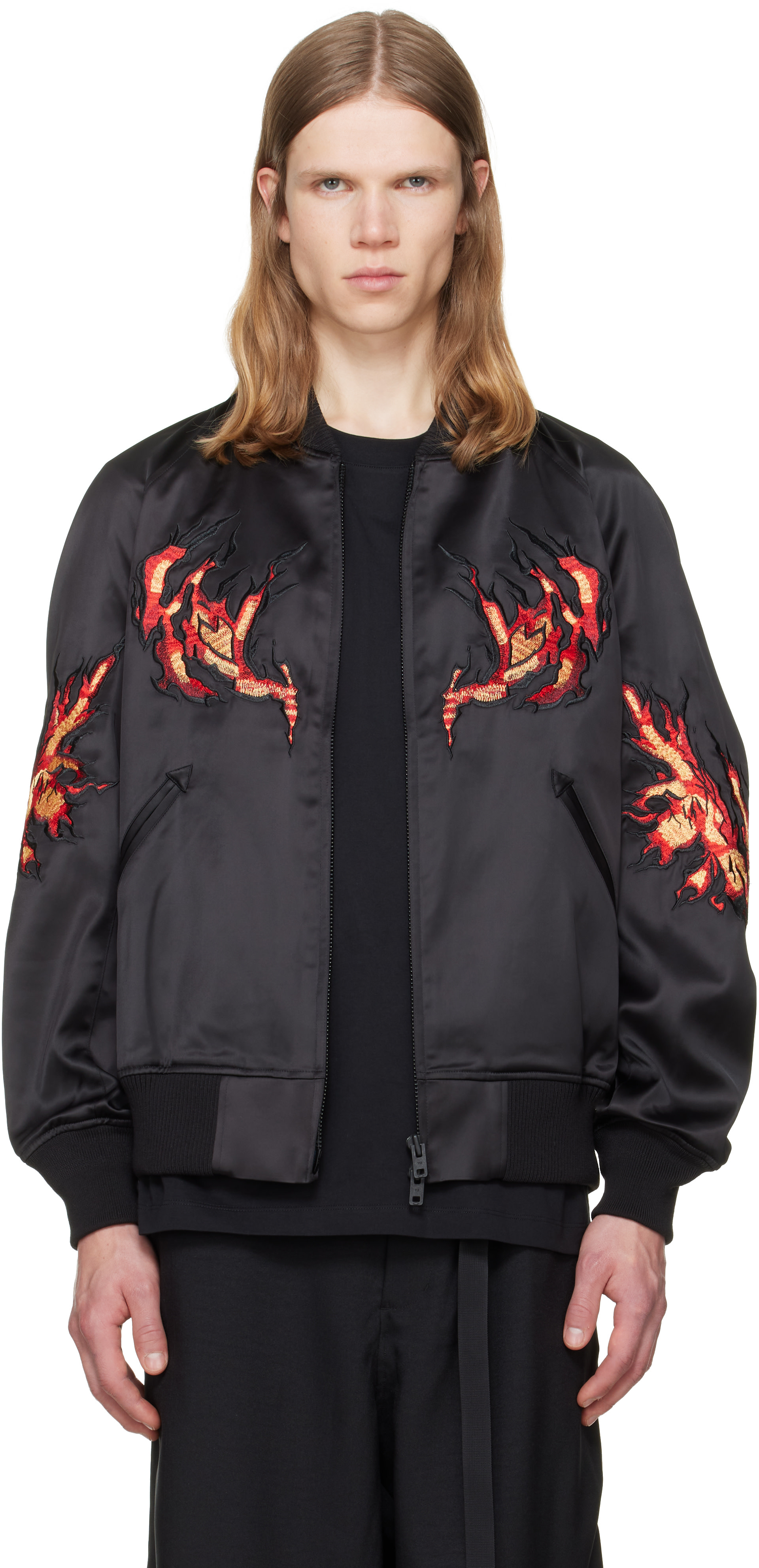Y-3: Black Embroidered Graphic Satin Souvenir Jacket | SSENSE