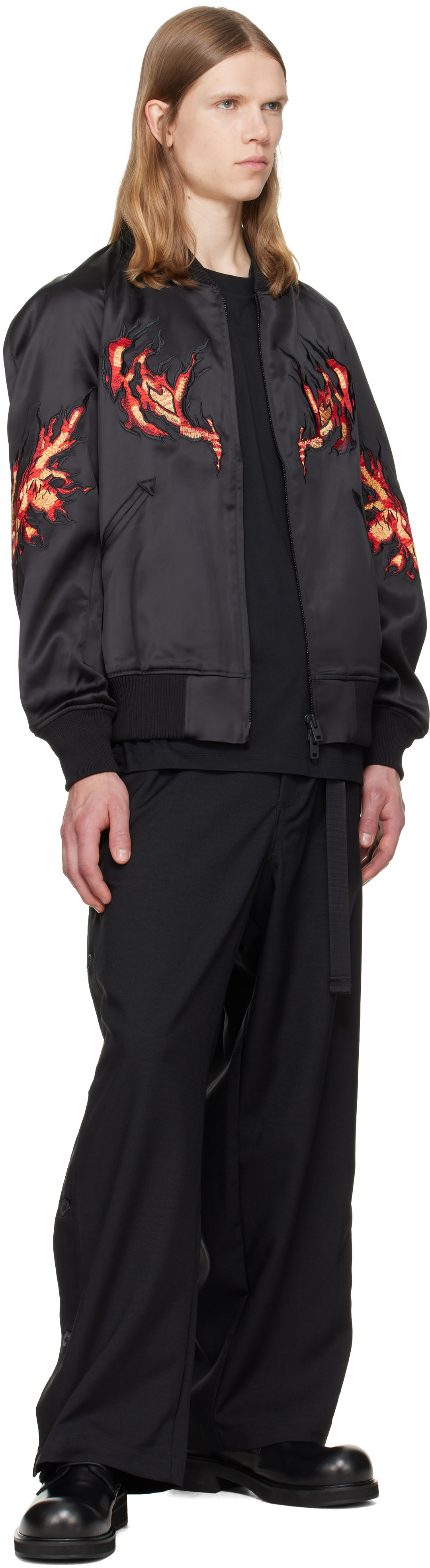 Y-3: Black Embroidered Graphic Satin Souvenir Jacket | SSENSE