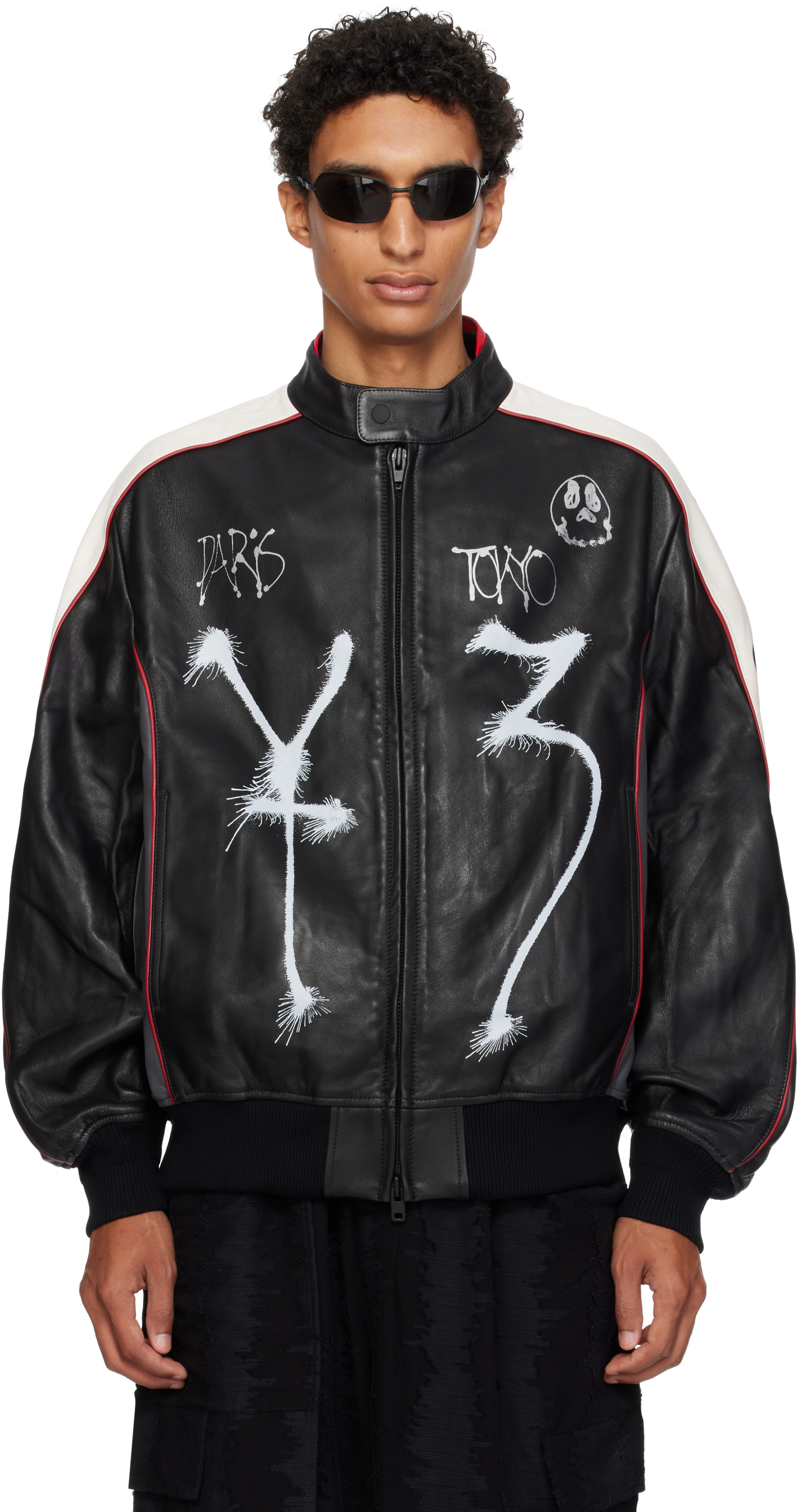 Y-3 - 블랙 Chito 그래픽 가죽 바이커 재킷