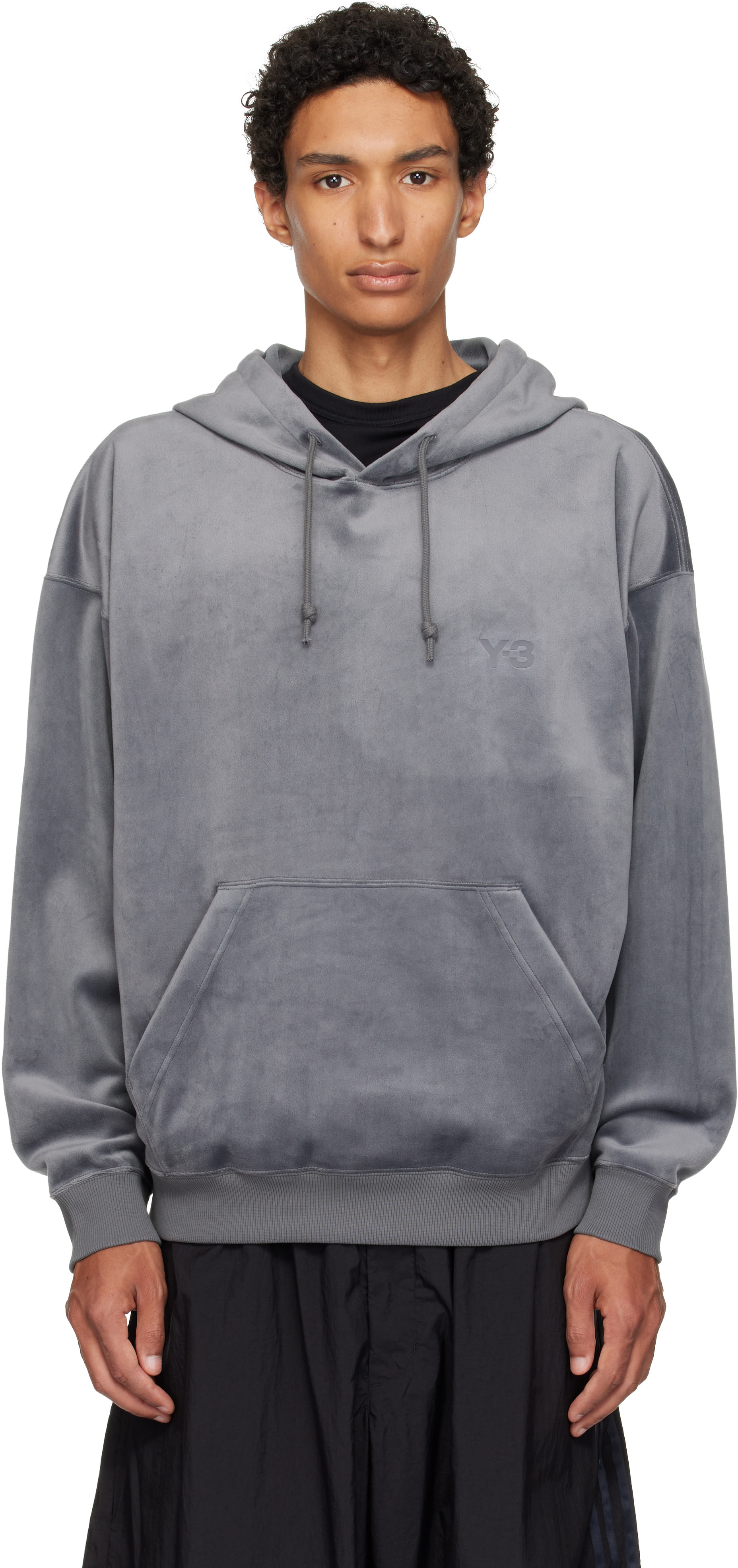 Y-3 - Pull à capuche gris en velours côtelé