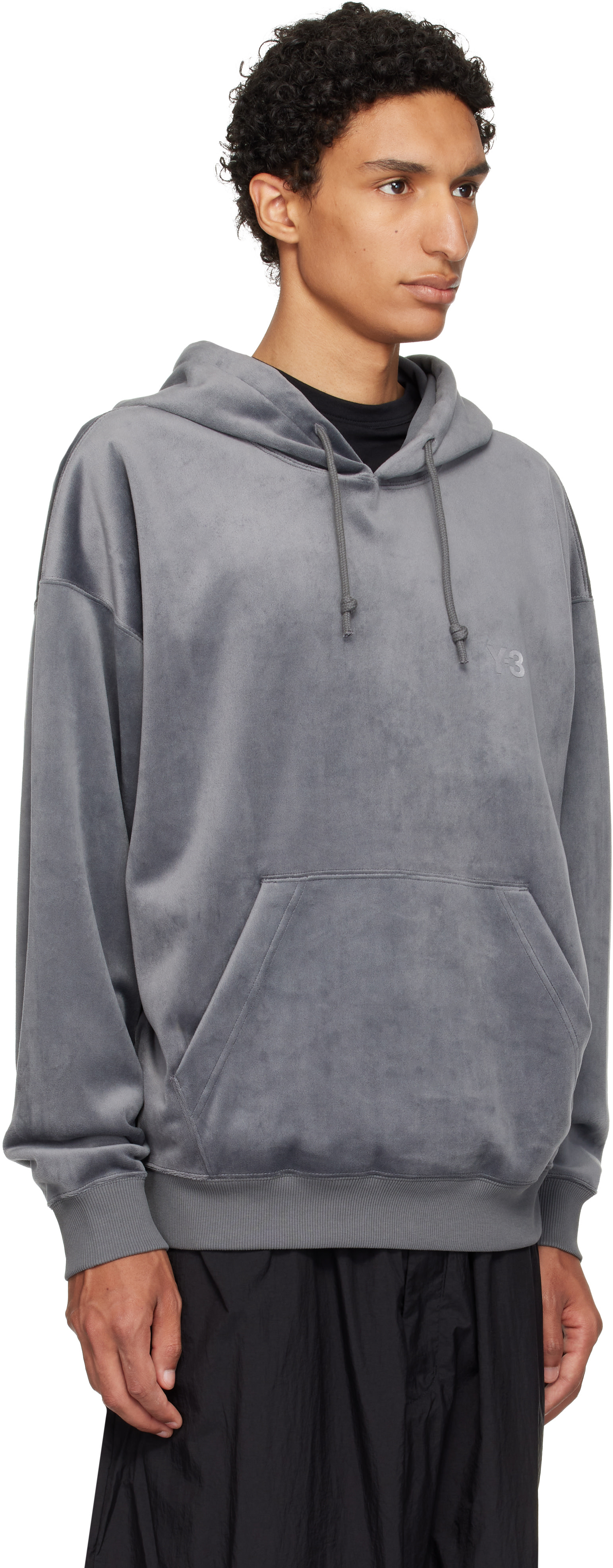 Y-3 - Pull à capuche gris en velours côtelé