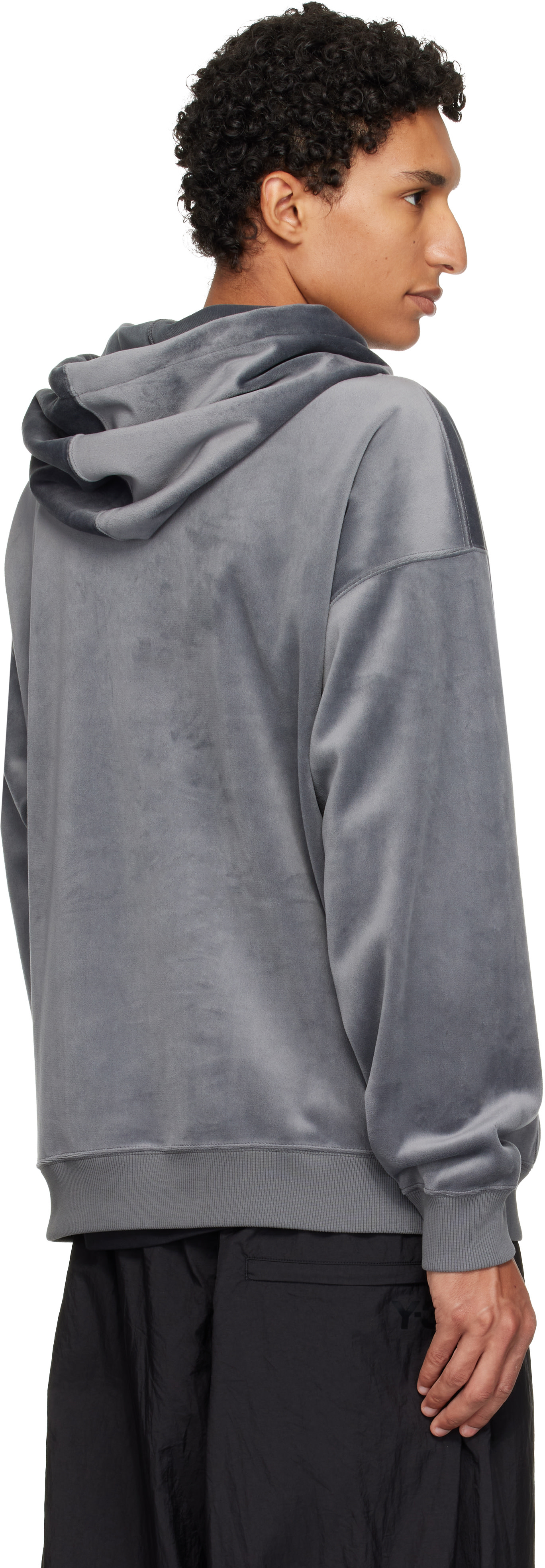 Y-3 - Pull à capuche gris en velours côtelé