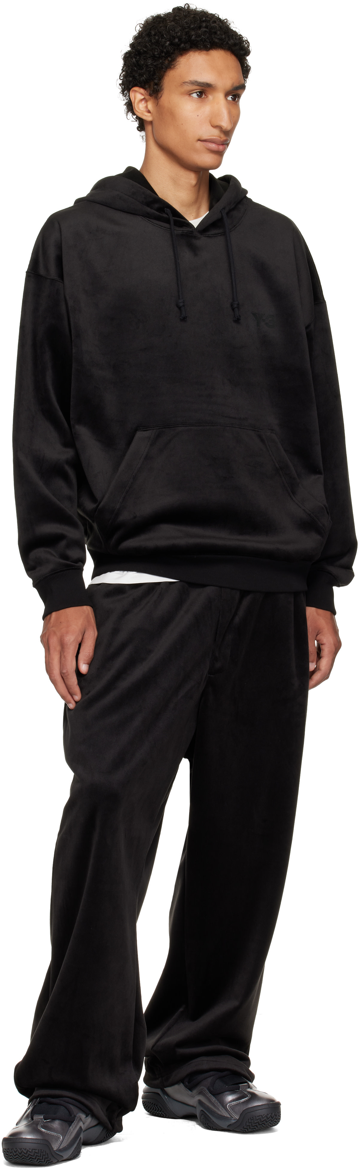 Y-3 - Pull à capuche noir en velours côtelé