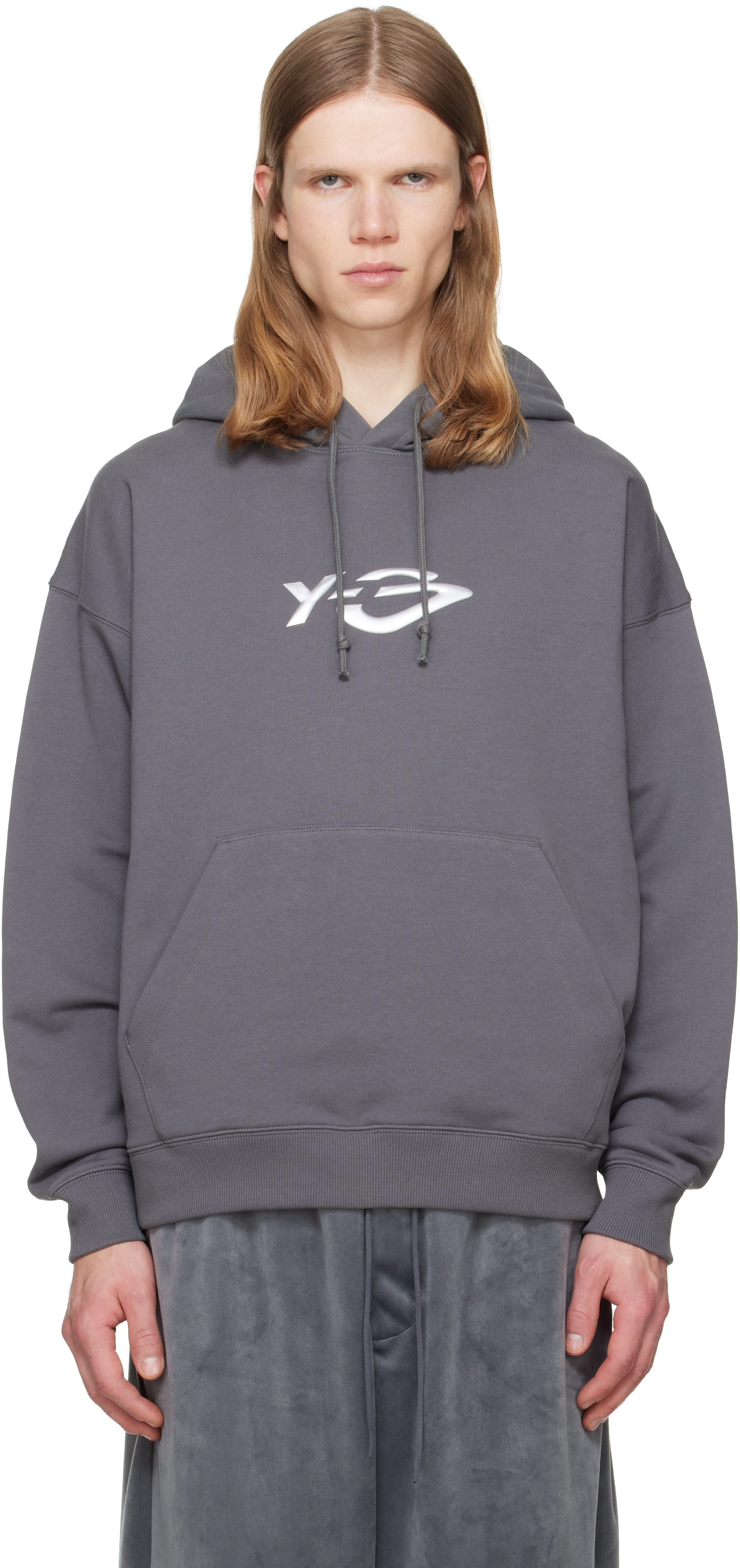 Y-3 - Pull à capuche gris en jersey bouclette à logo