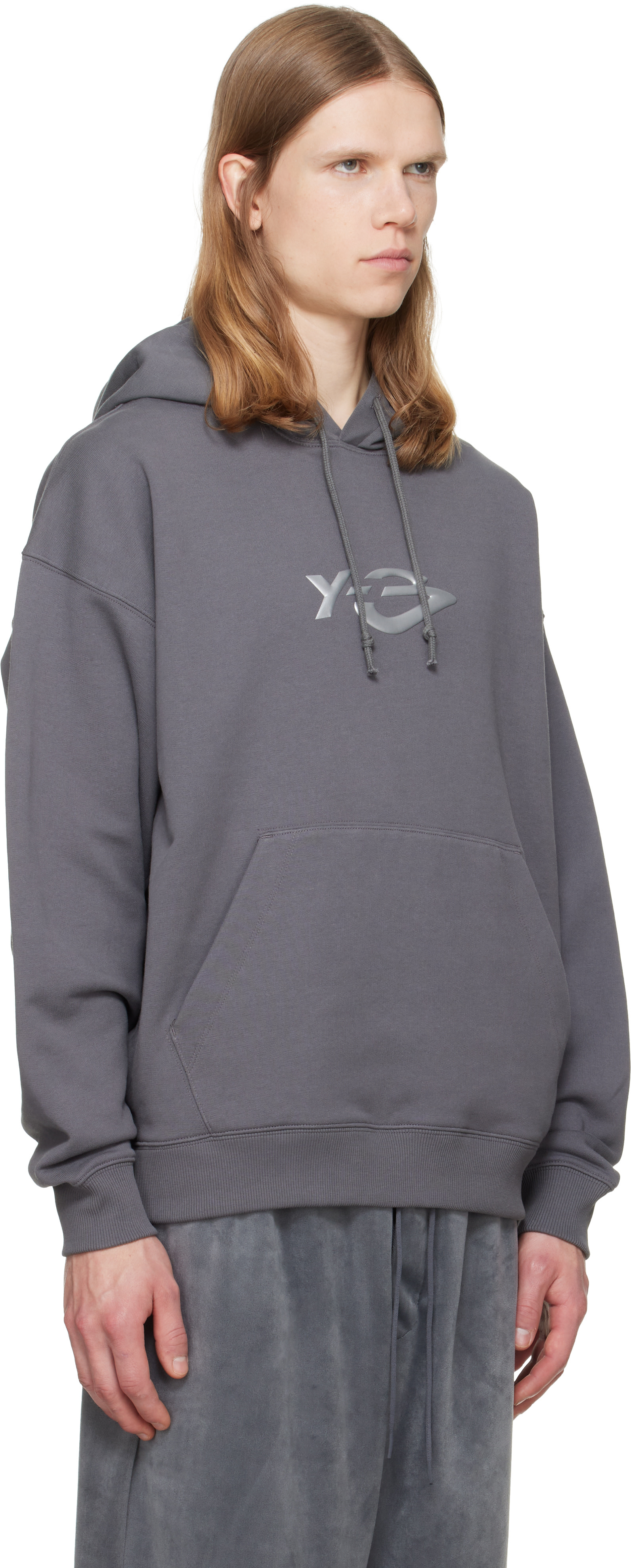 Y-3 - Pull à capuche gris en jersey bouclette à logo