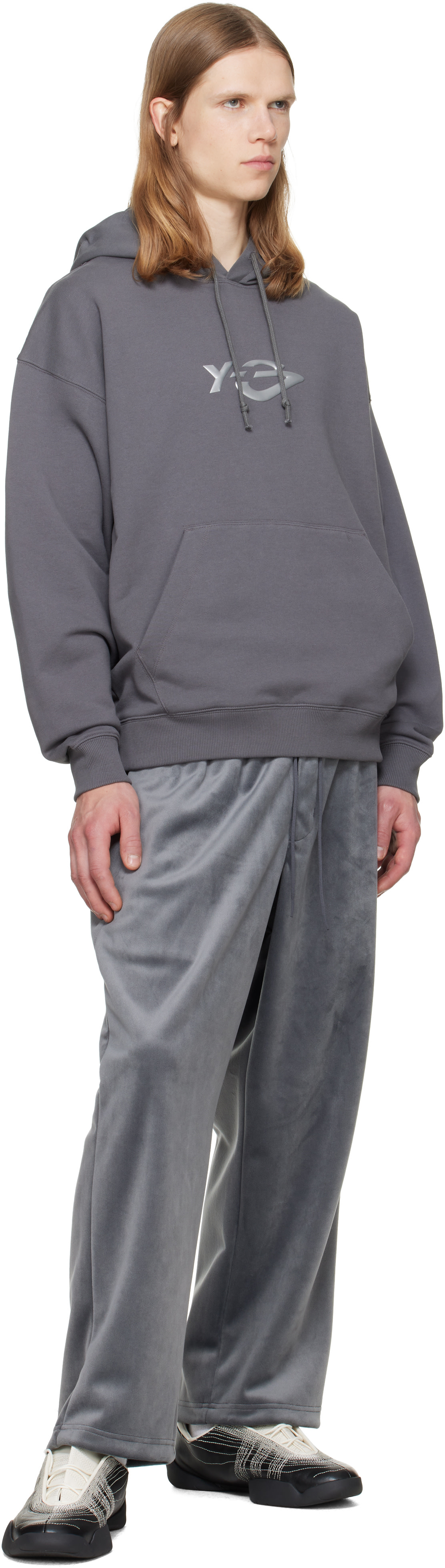 Y-3 - Pull à capuche gris en jersey bouclette à logo