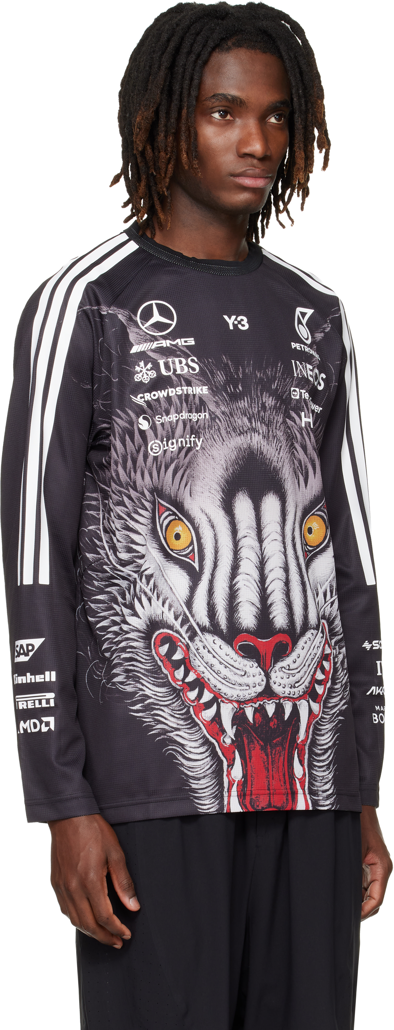 Y-3: Black Mercedes-AMG F1 Edition Driver Jersey T-shirt | SSENSE