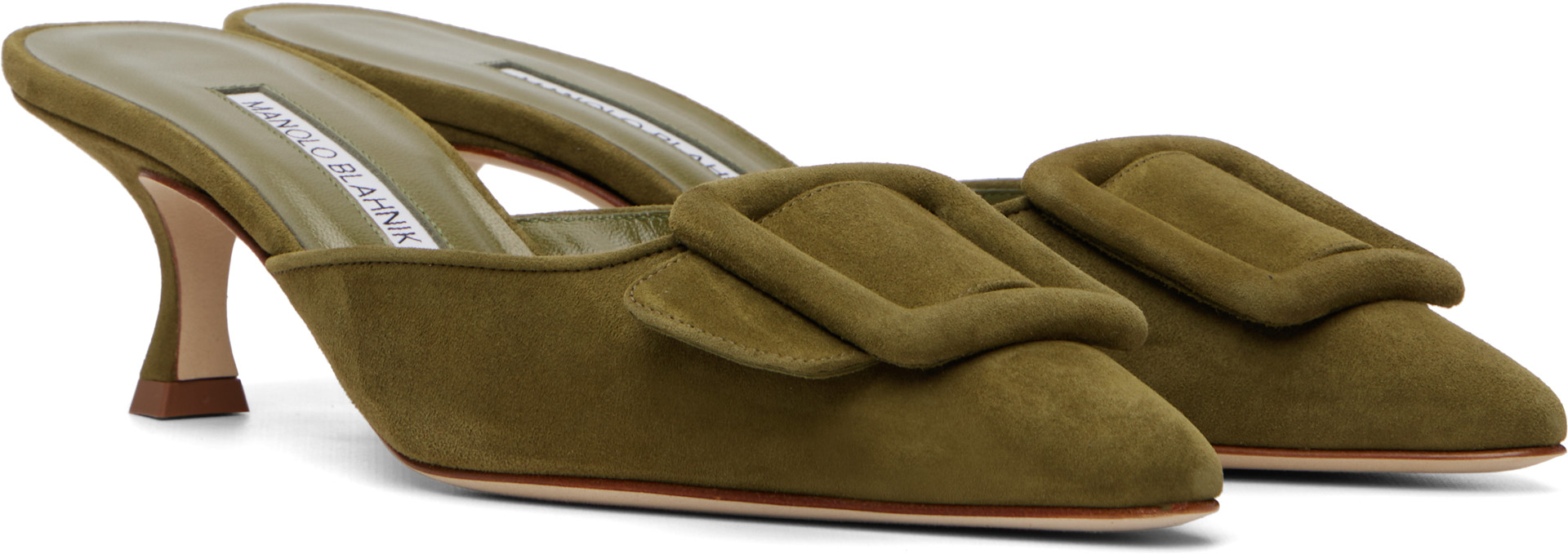MANOLO BLAHNIK メイセール Manolo Blahnik: Khaki Maysale Heels | SSENSE