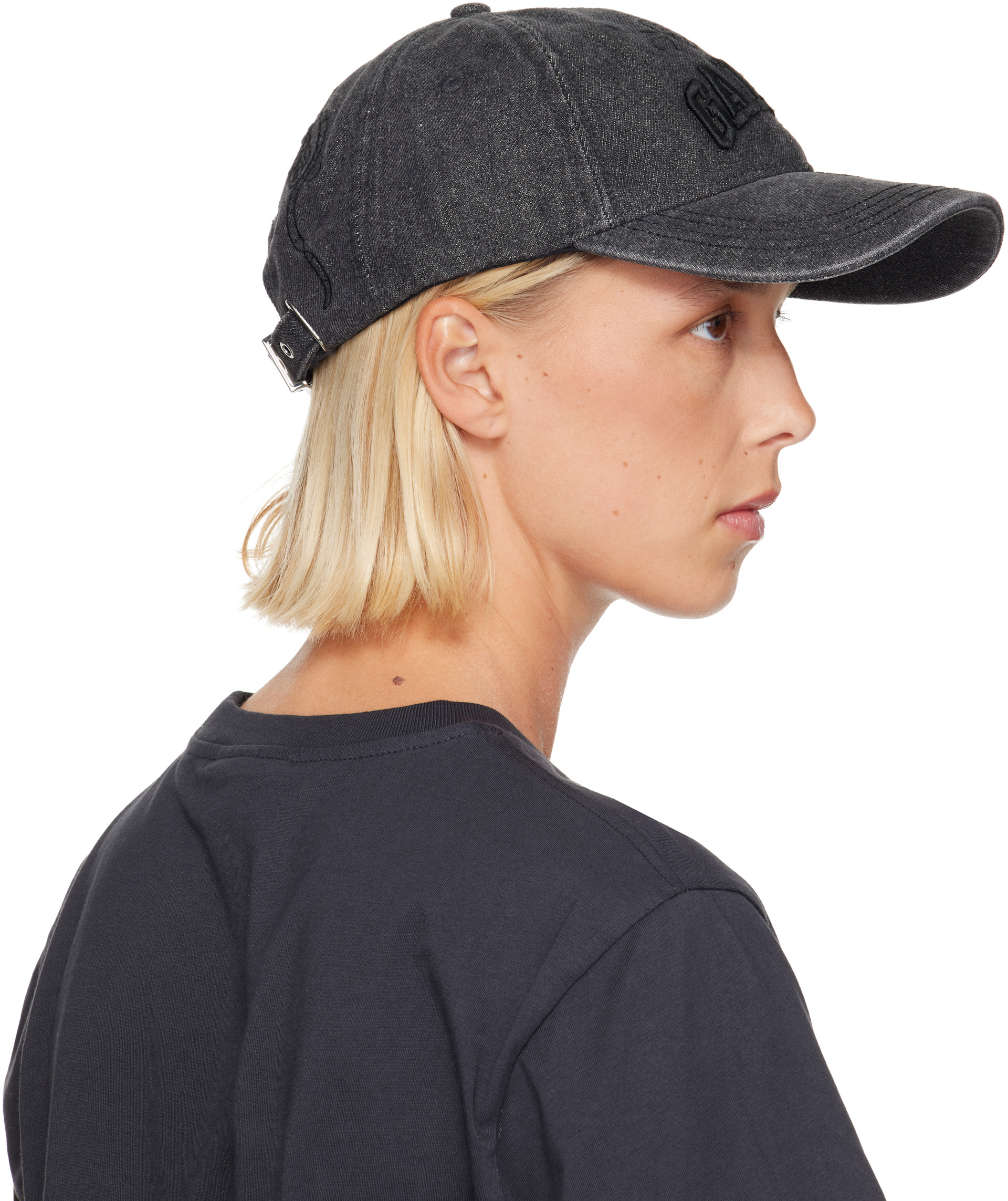 GANNI: Black Embroidered Denim Cap | SSENSE