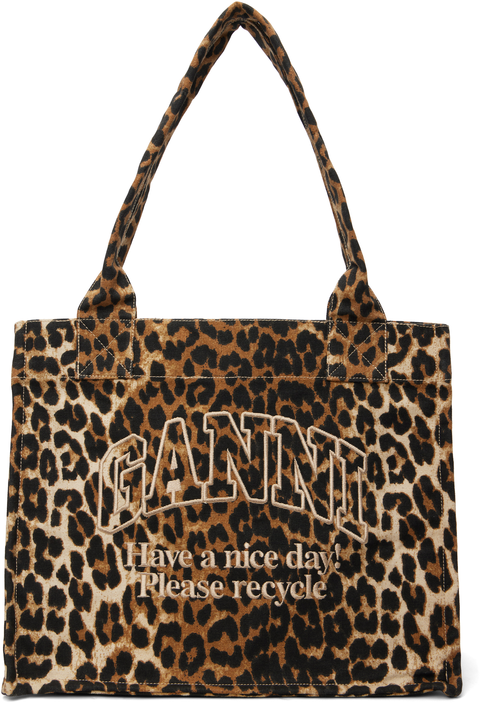 GANNI: ブラウン ラージ レオパード キャンバス トートバッグ | SSENSE