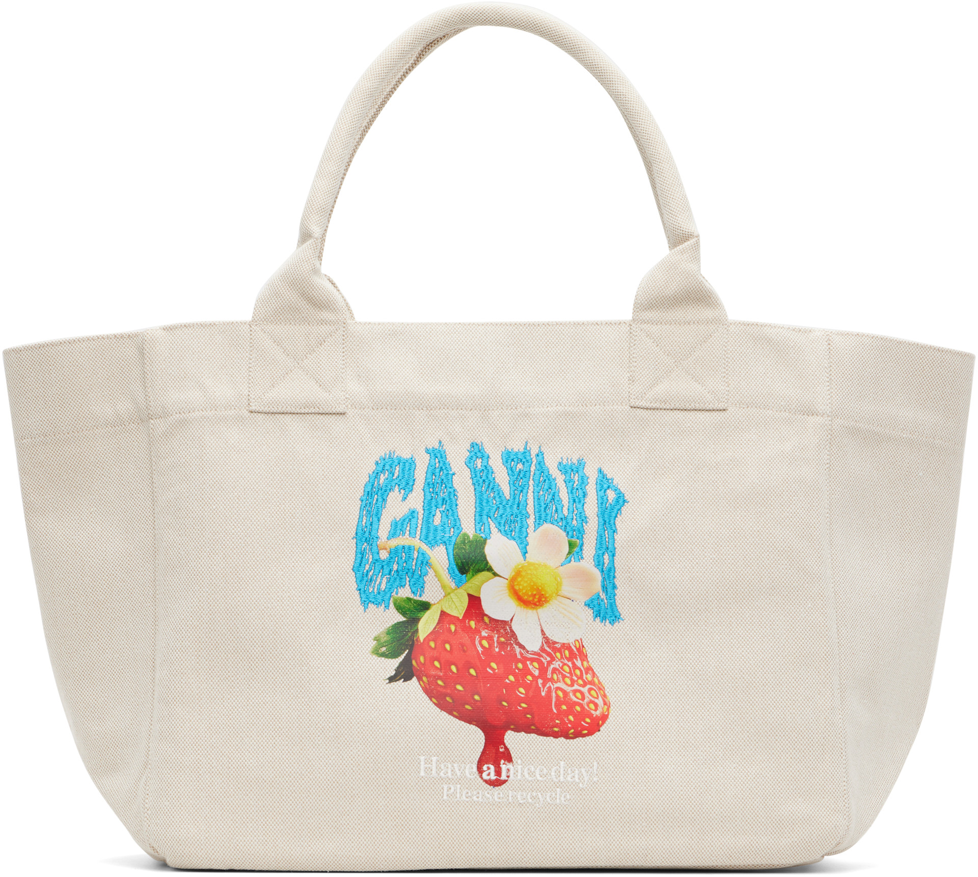 GANNI: ベージュ ミディアム Trapeze Shopper Strawberry プリント 