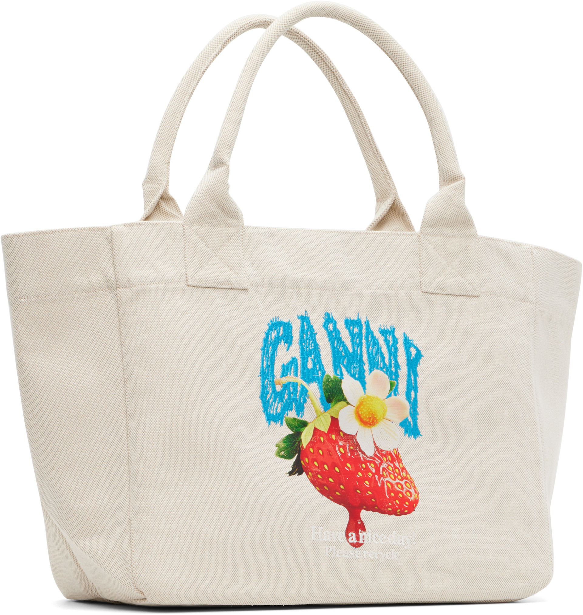 GANNI: Beige Medium Trapeze Shopper Strawberry Print Tote | SSENSE