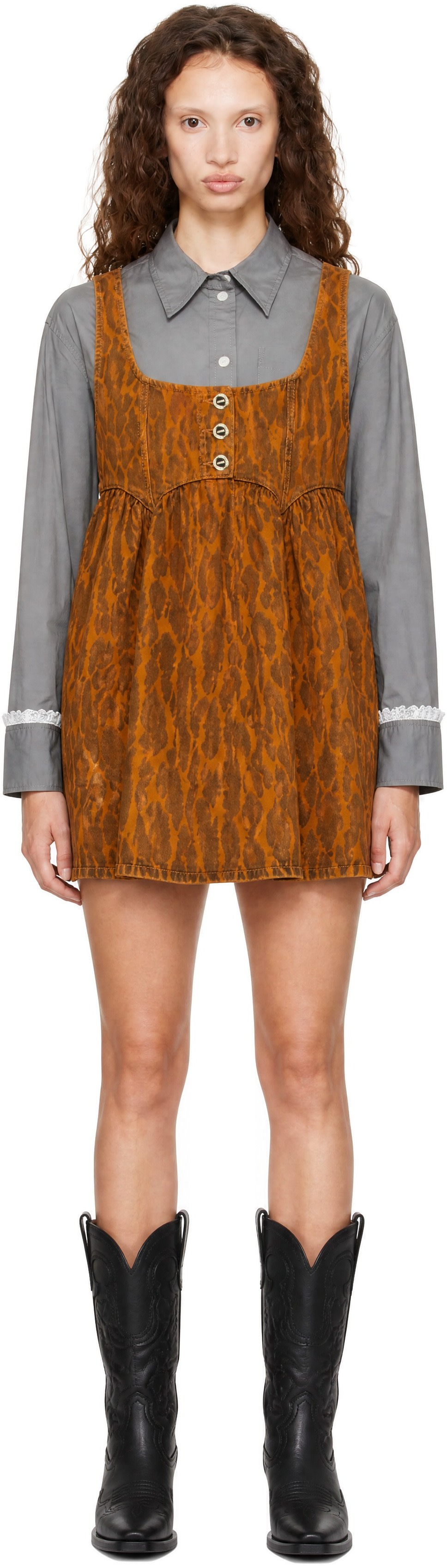 GANNI - Robe courte orange en denim à léopard
