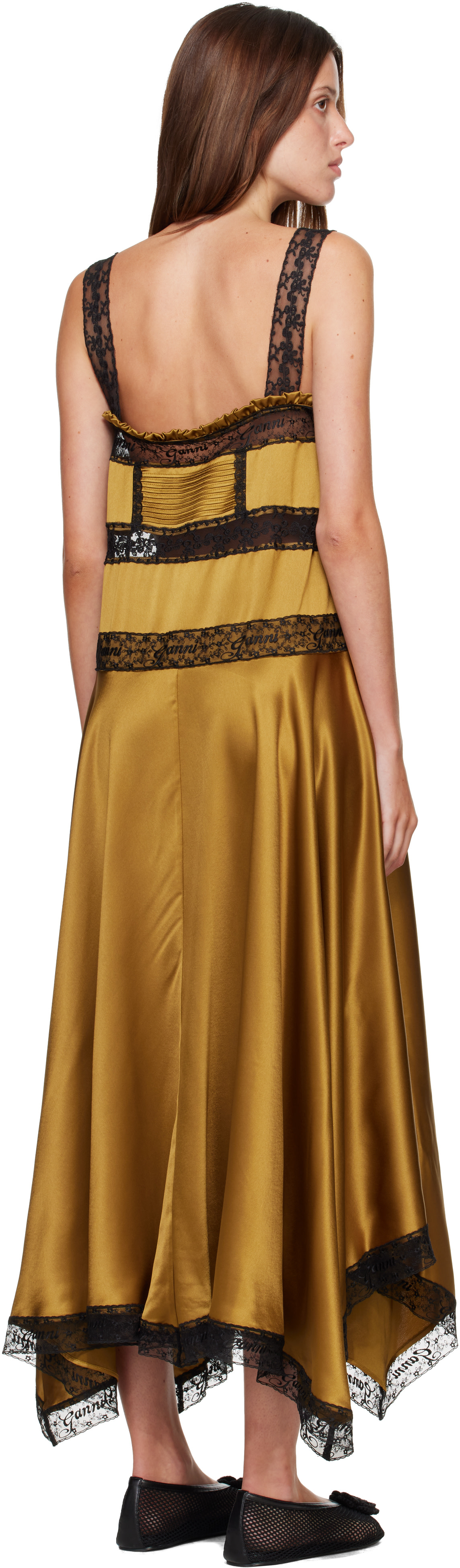 GANNI Ecru Olive Dress in Green Silk Satin