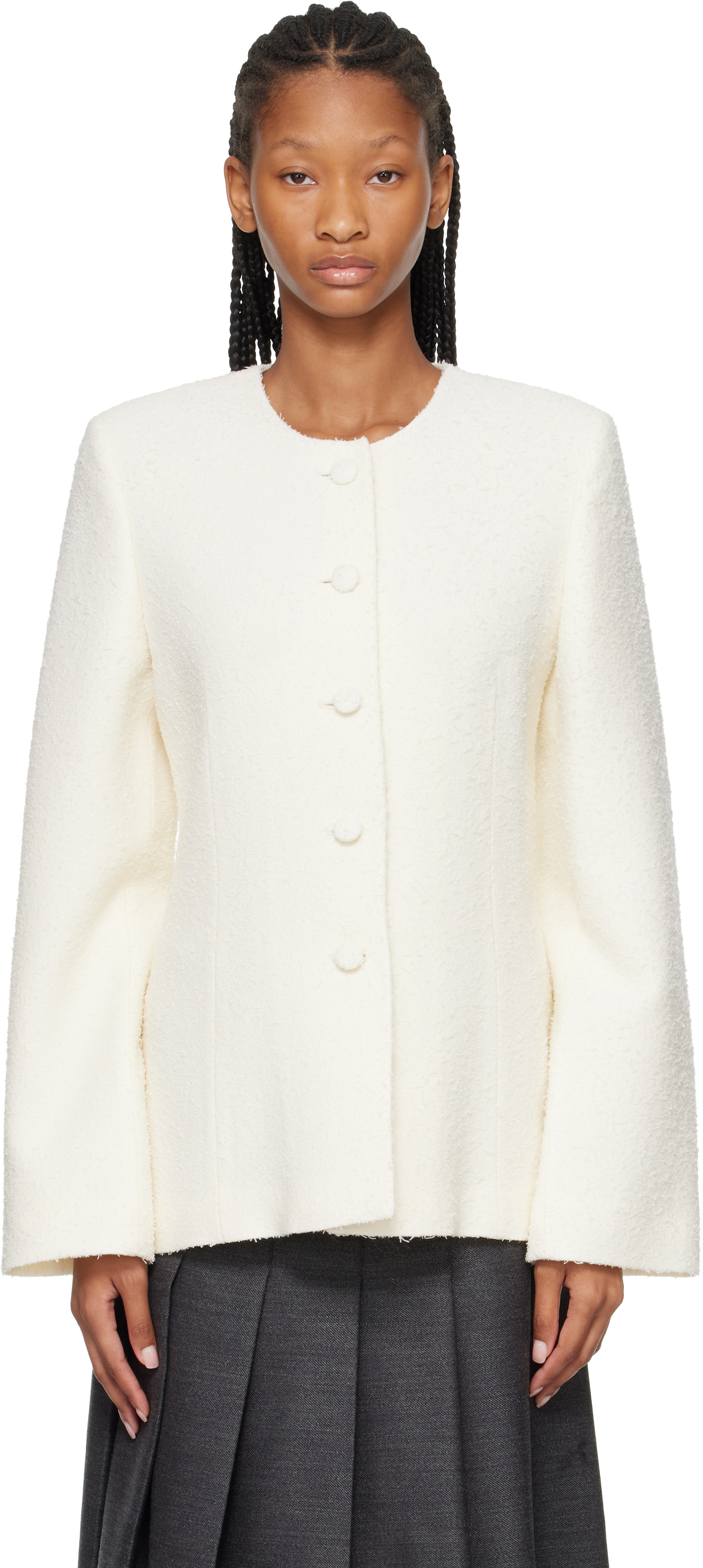 Róhe: White Bouclé Shaped Blazer | SSENSE