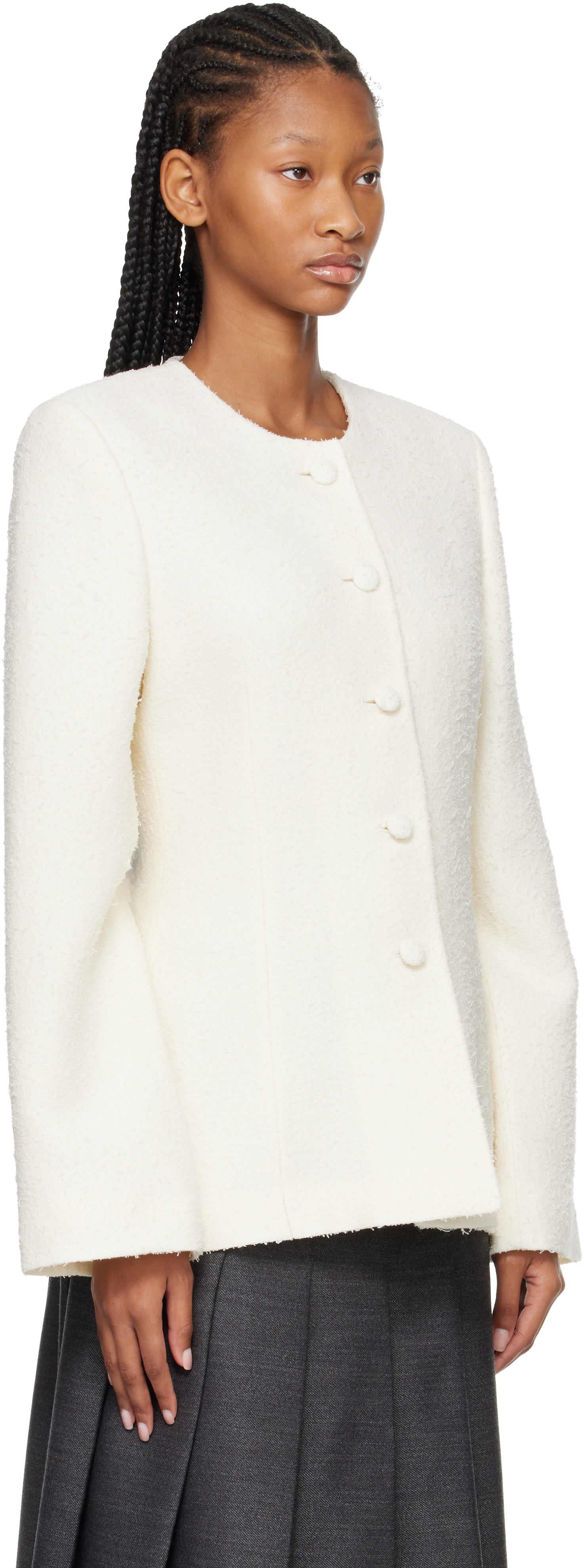 mistreass Elegant Bit Bouclé Coat Róhe: White Bouclé Shaped Blazer | SSENSE