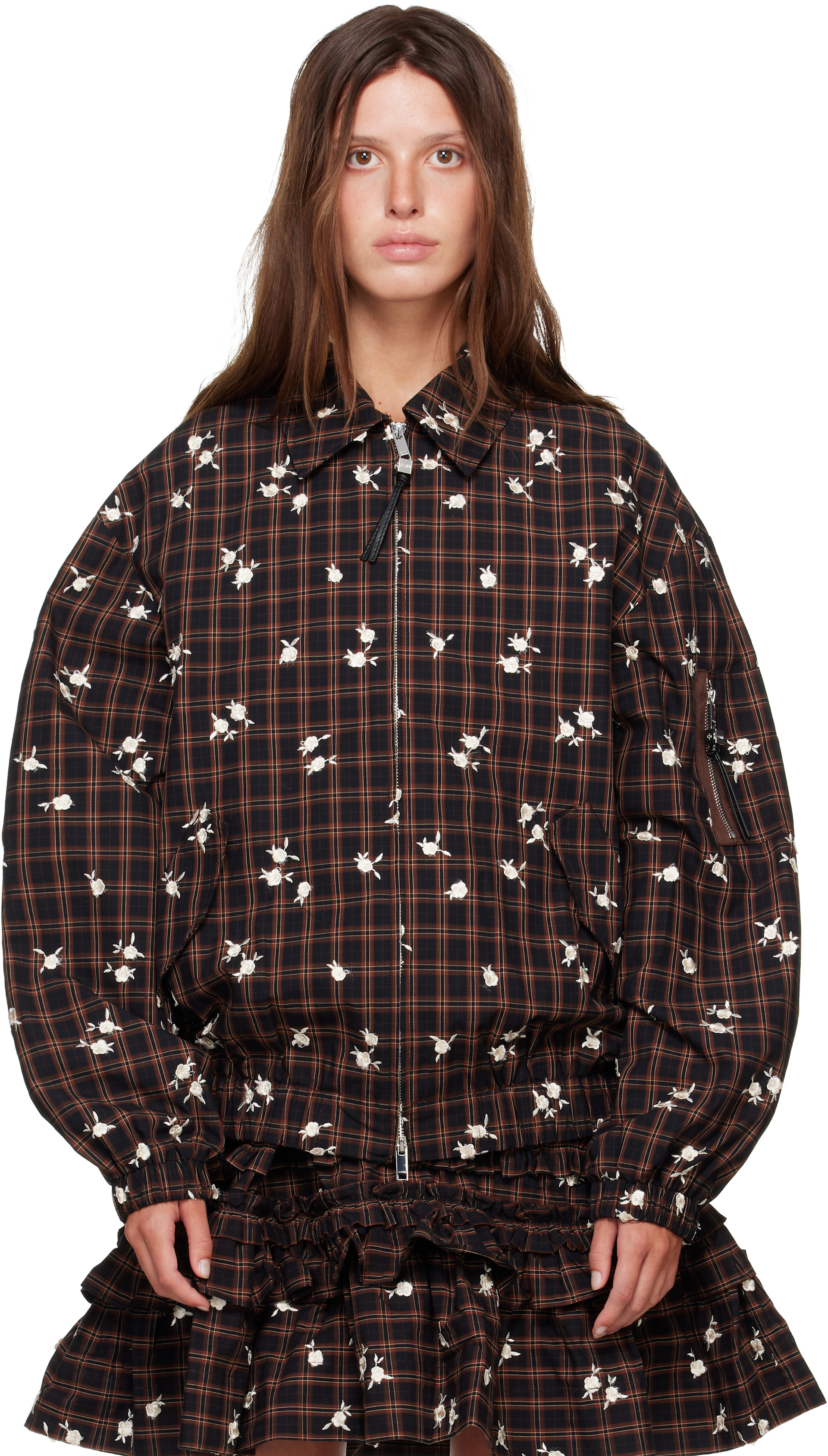 GANNI チェック柄 パフスリーブ トップス GANNI: Brown Printed Check Bomber Jacket | SSENSE