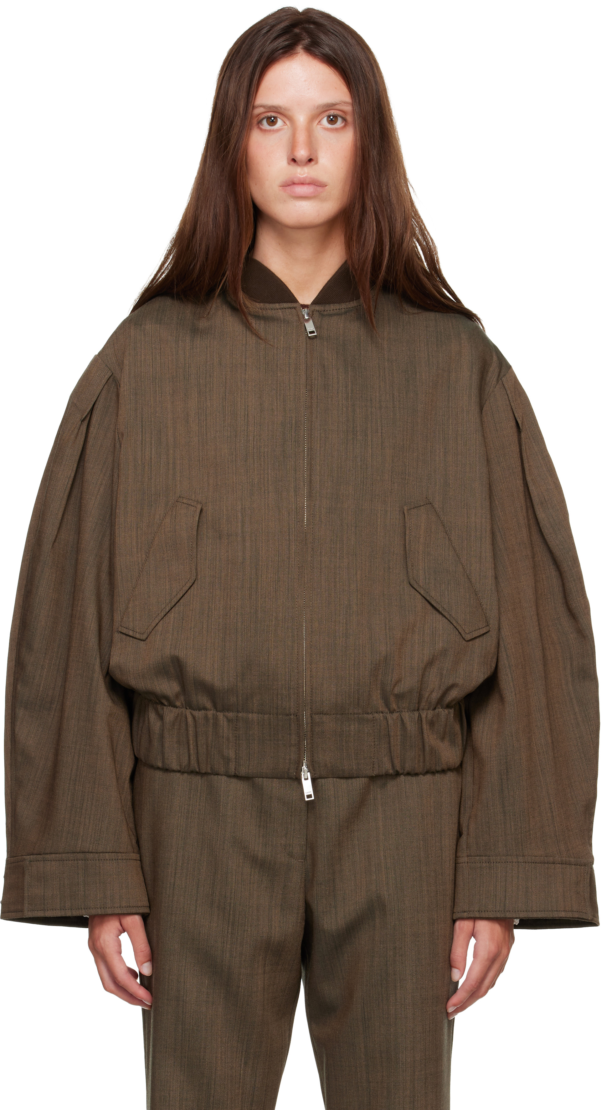 GANNI: Brown Wool Melange Bomber Jacket | SSENSE