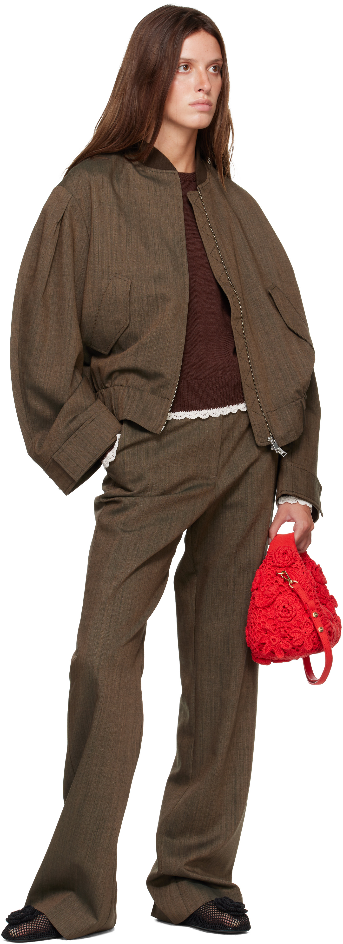 GANNI: Brown Wool Melange Bomber Jacket | SSENSE