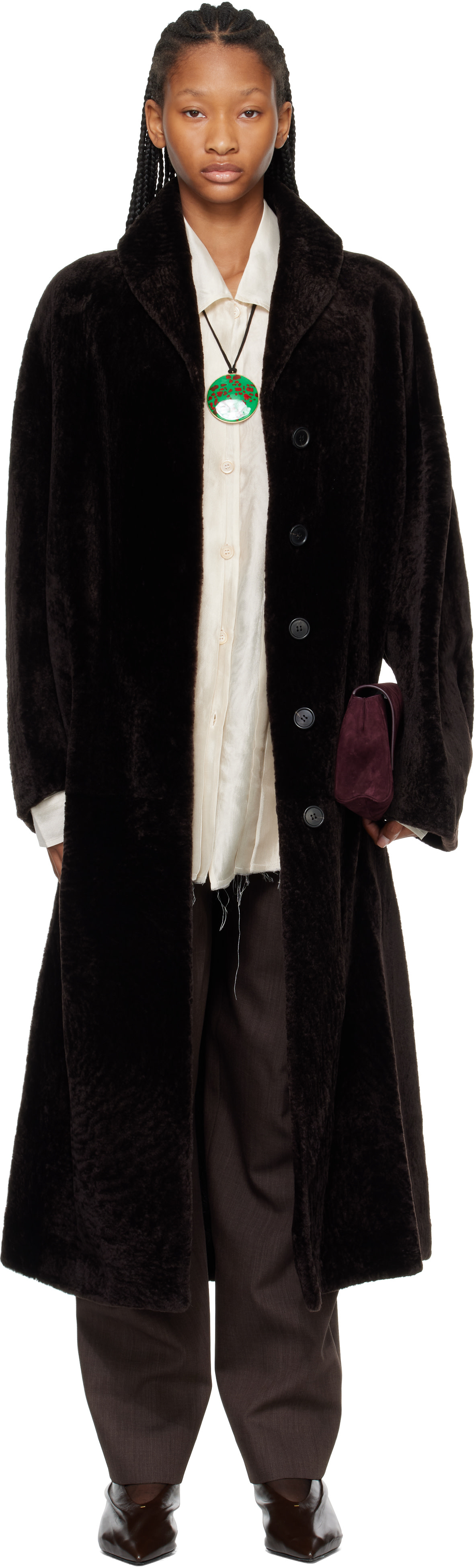 Róhe: Brown Shearling Shawl Collar Coat | SSENSE
