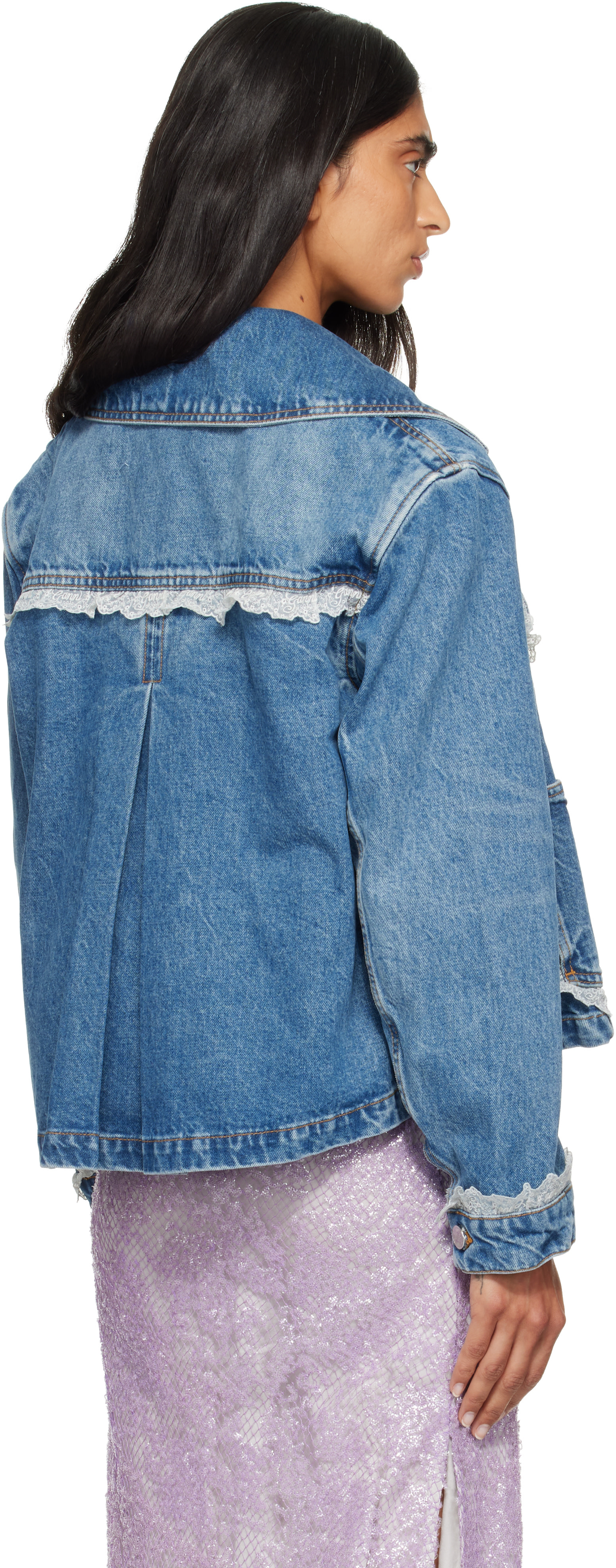 GANNI　ガニー　バルーンスリーブ　デニムジャケット　Gジャン　ライトブルー GANNI: Blue Rigid Lace Denim Jacket | SSENSE