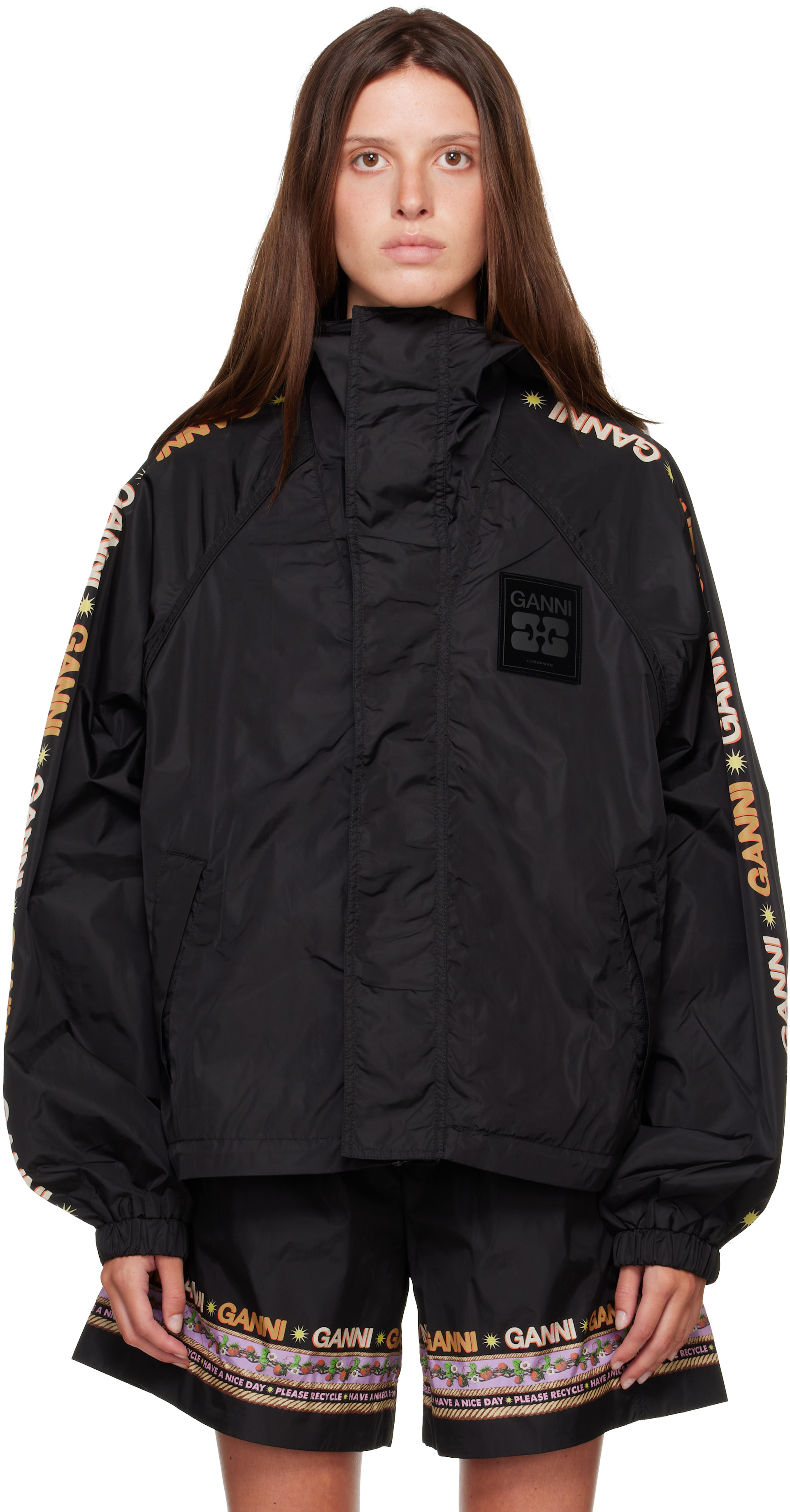 GANNI: Black Placement Printed Flyweight Nylon Jacket | SSENSE